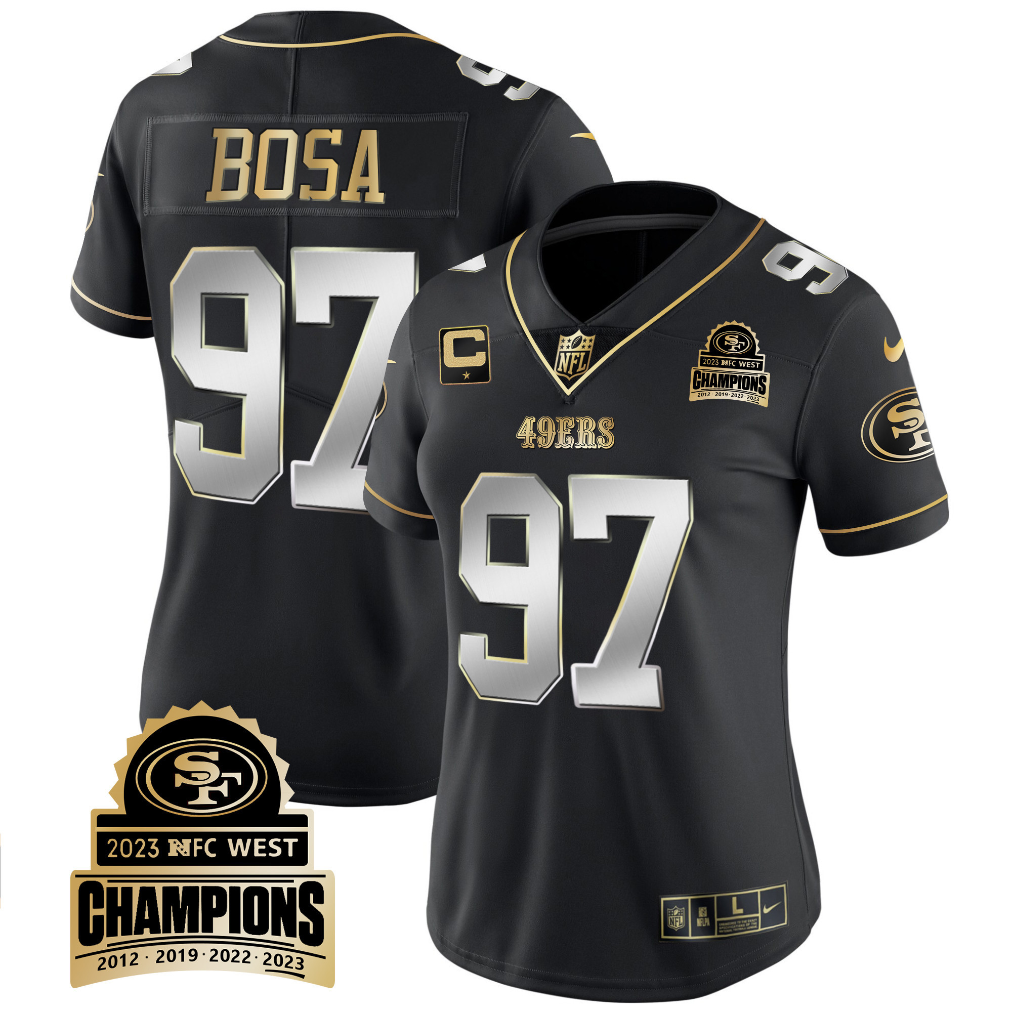Women's Nick Bosa San Francisco 49ers 2023 NFC West Champions Patch Vapor Black Limited Jersey V4 - All Stitched