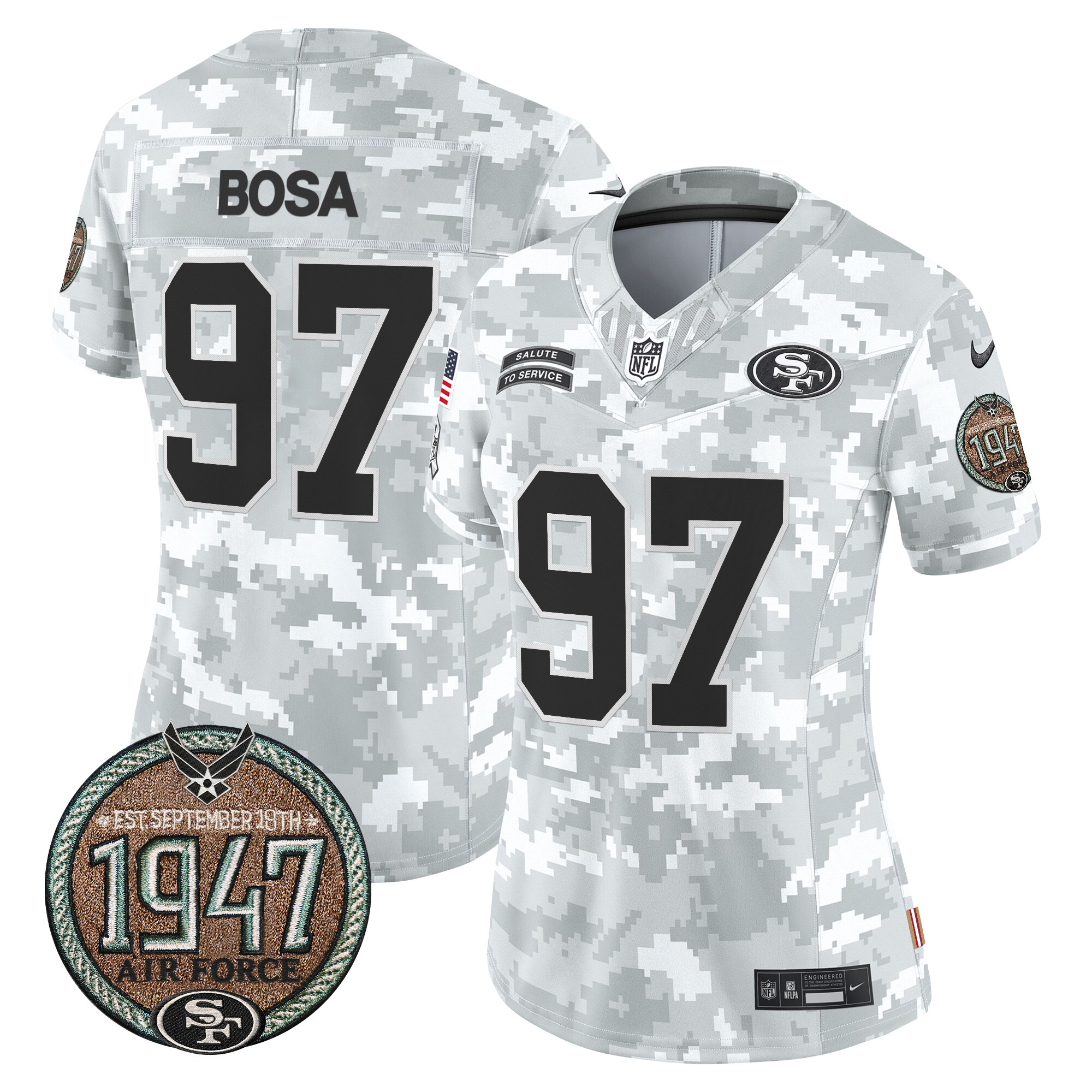 Women's Nick Bosa San Francisco 49ers 2024 Salute to Service Establishment Year Patch Vapor Limited Air Force Jersey - All Stitched