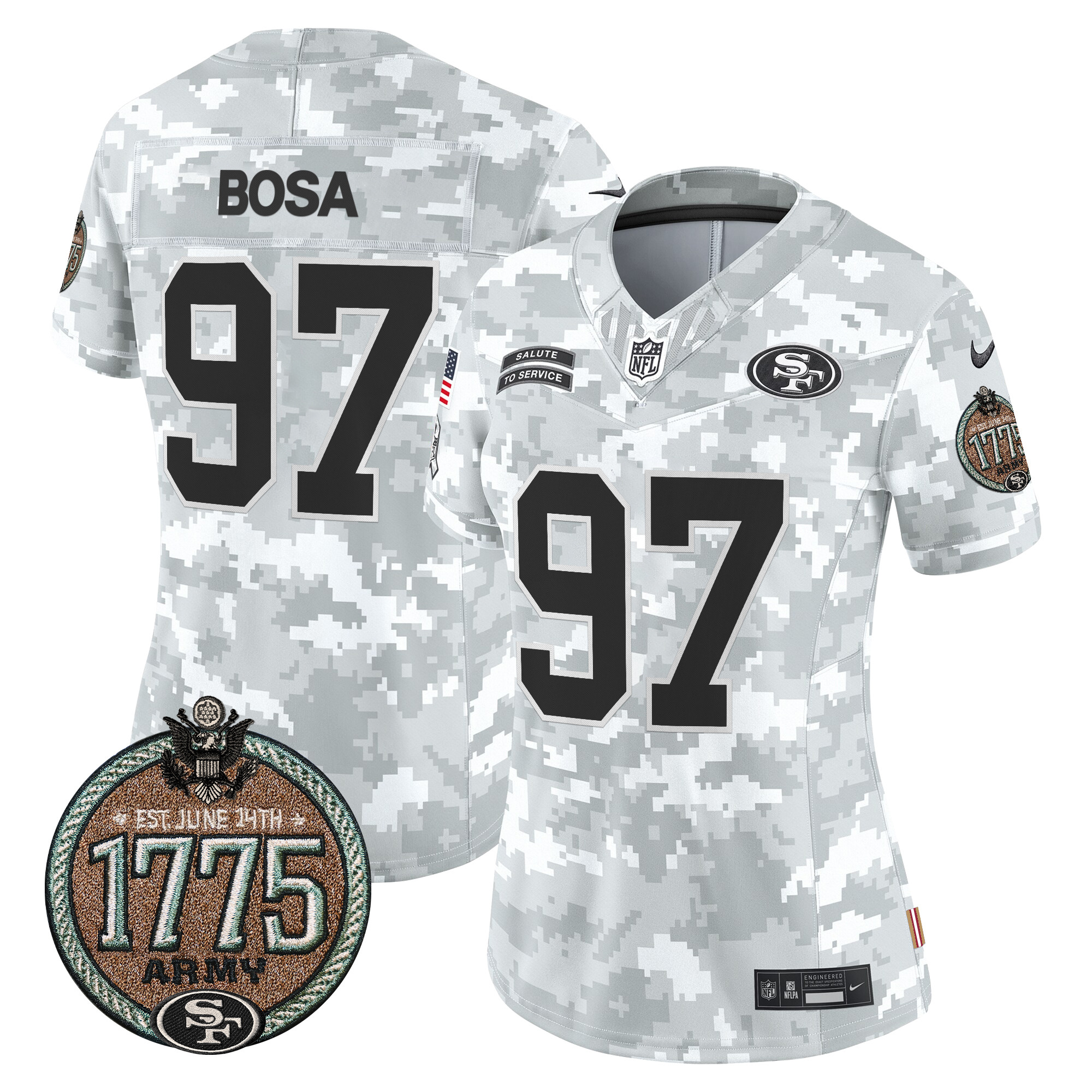 Women's Nick Bosa San Francisco 49ers 2024 Salute to Service Establishment Year Patch Vapor Limited Army Jersey - All Stitched