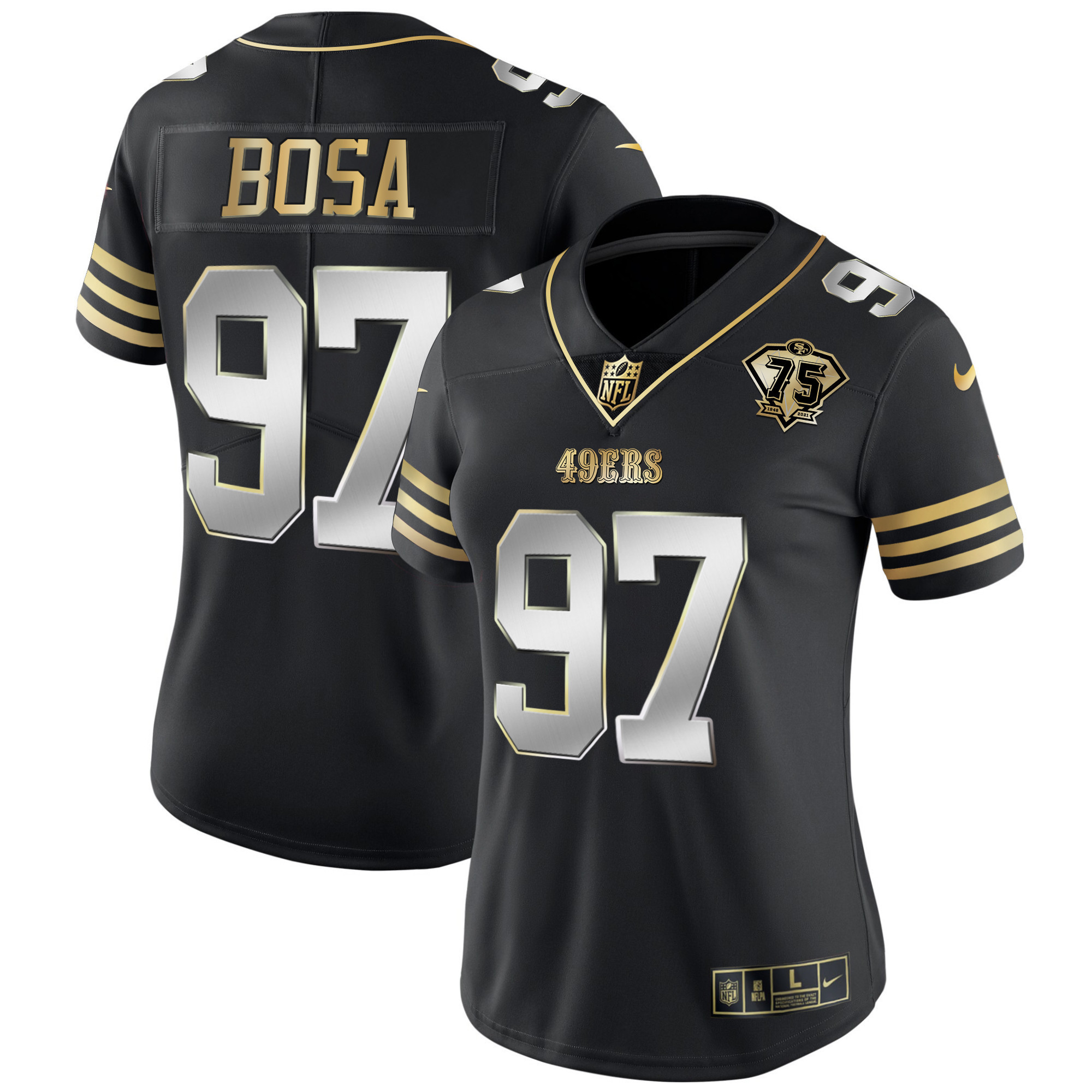 Women's Nick Bosa San Francisco 49ers 75th Anniversary Patch Vapor Gold Black Limited Jersey - All Stitched