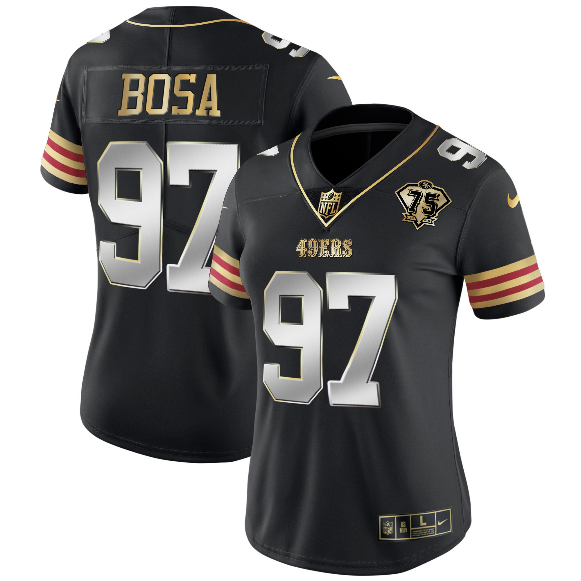 Women's Nick Bosa San Francisco 49ers 75th Anniversary Patch Vapor Gold Black Limited Jersey V2 - All Stitched