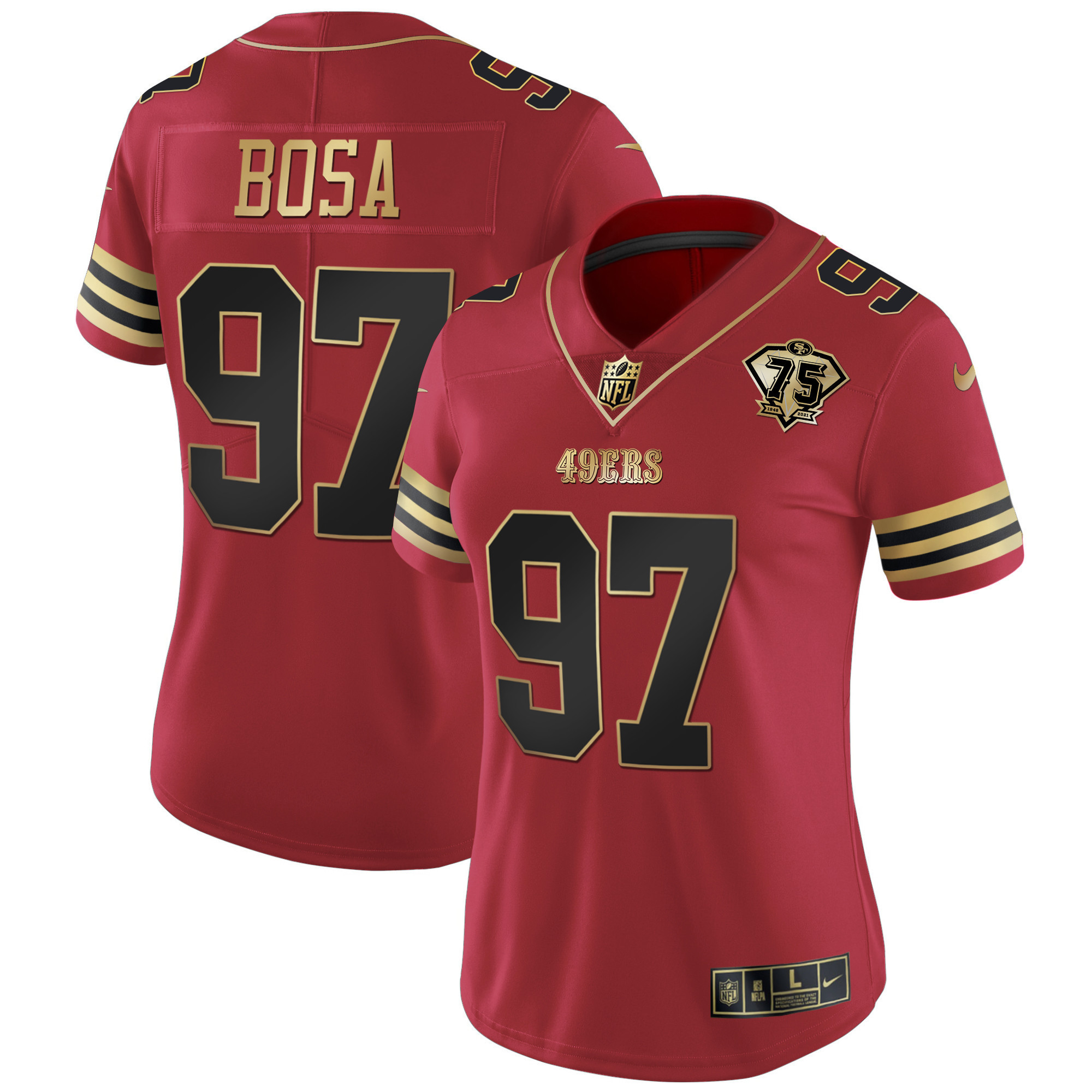 Women's Nick Bosa San Francisco 49ers 75th Anniversary Patch Vapor Gold Black Red Jersey V2 - All Stitched