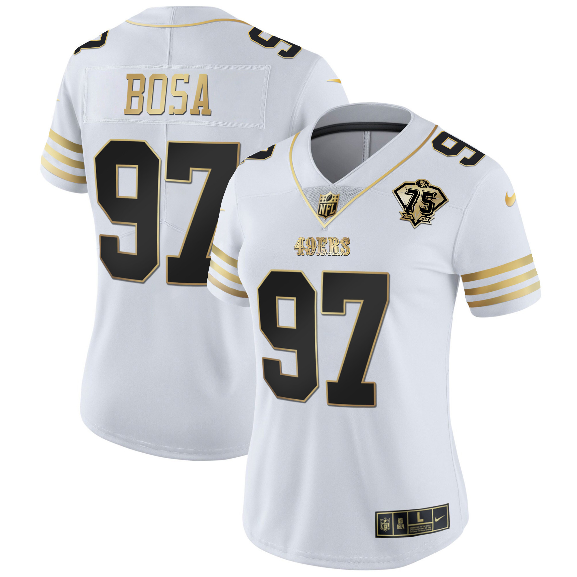 Women's Nick Bosa San Francisco 49ers 75th Anniversary Patch Vapor Gold White Gold Jersey - All Stitched