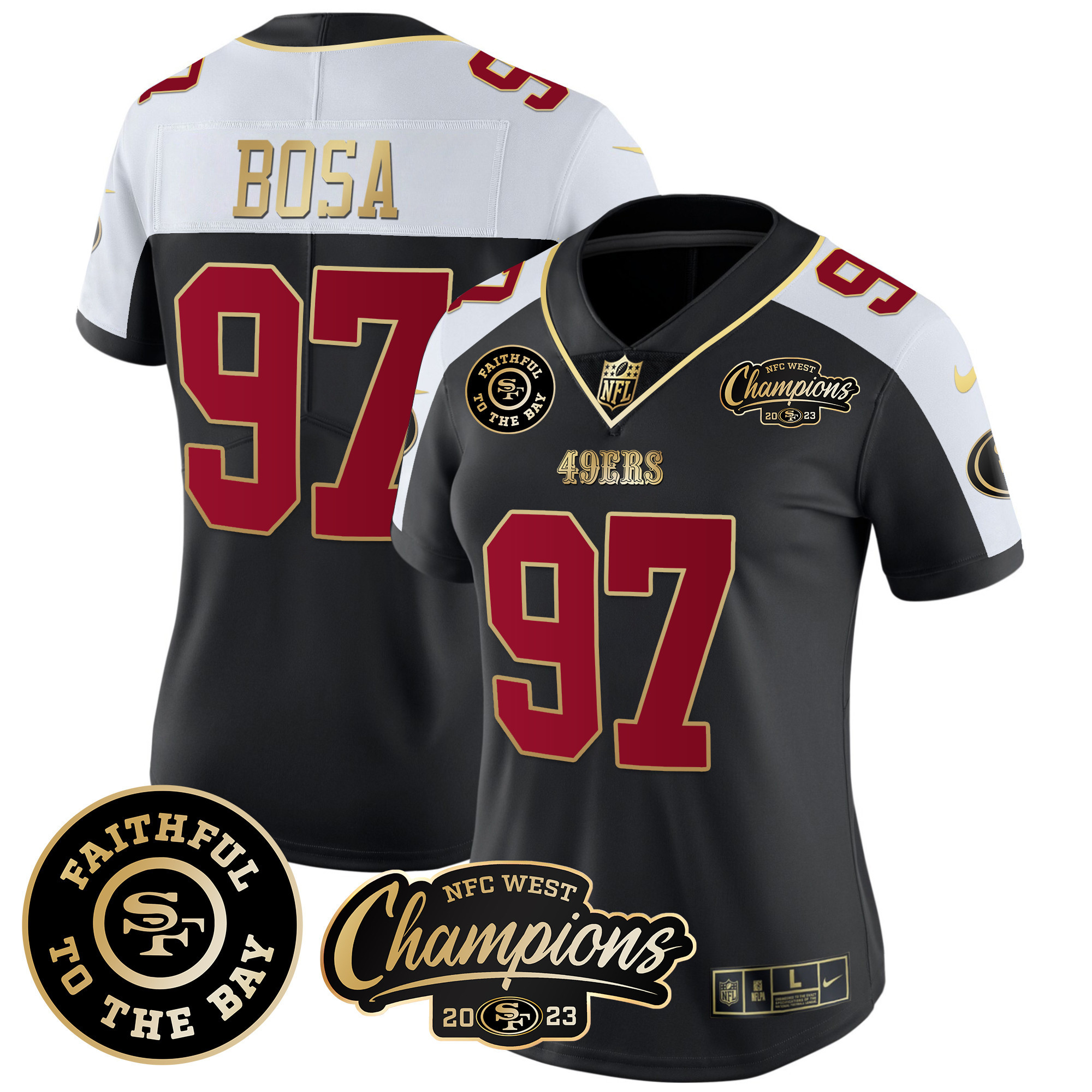 Women's Nick Bosa San Francisco 49ers Faithful & 2023 NFC West Champions Patch Vapor Black Alternate Jersey - All Stitched