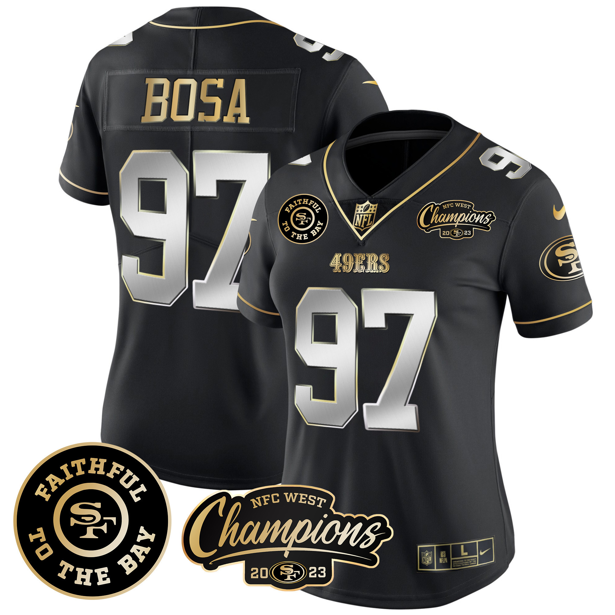 Women's Nick Bosa San Francisco 49ers Faithful & 2023 NFC West Champions Patch Vapor Black Limited Jersey - All Stitched