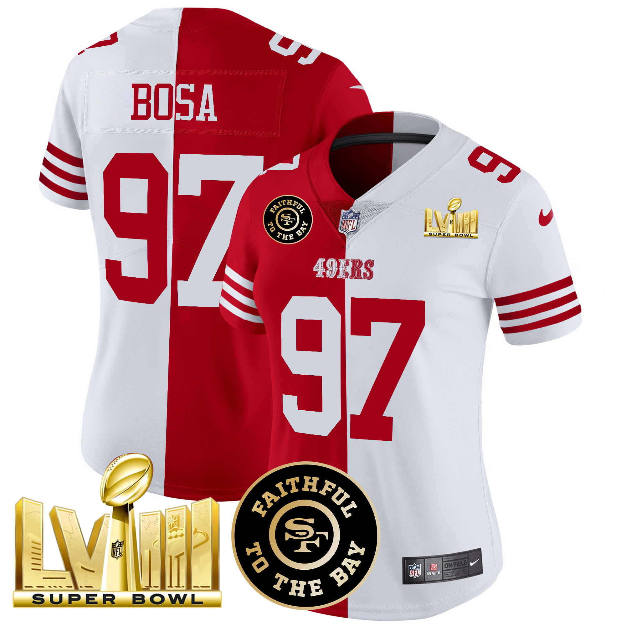 Women's Nick Bosa San Francisco 49ers Faithful & Super Bowl LVIII Gold Patch Vapor Split Jersey V2 - All Stitched