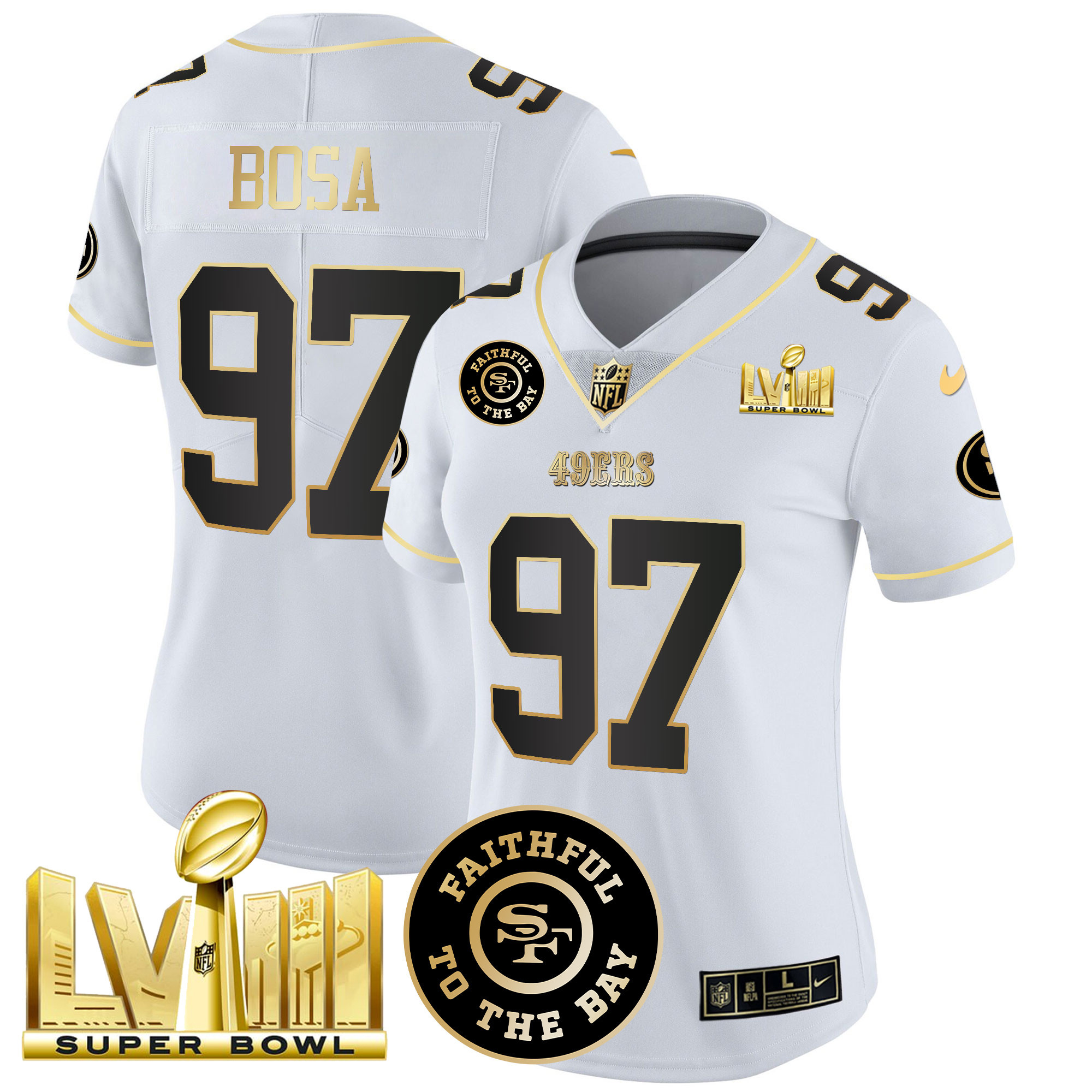 Women's Nick Bosa San Francisco 49ers Faithful & Super Bowl LVIII Gold Patch Vapor White Gold Jersey V2 - All Stitched