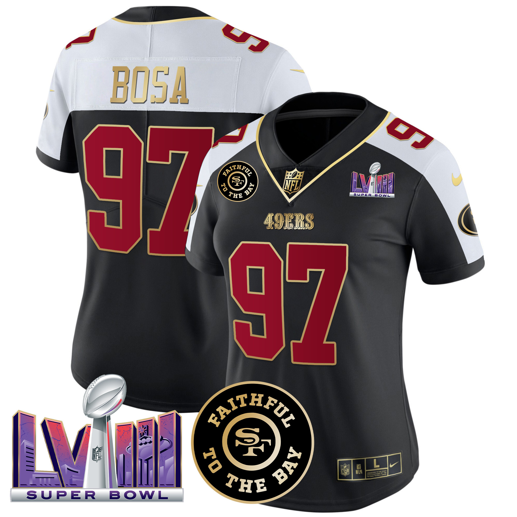 Women's Nick Bosa San Francisco 49ers Faithful & Super Bowl LVIII Patch Vapor Black Alternate Jersey - All Stitched