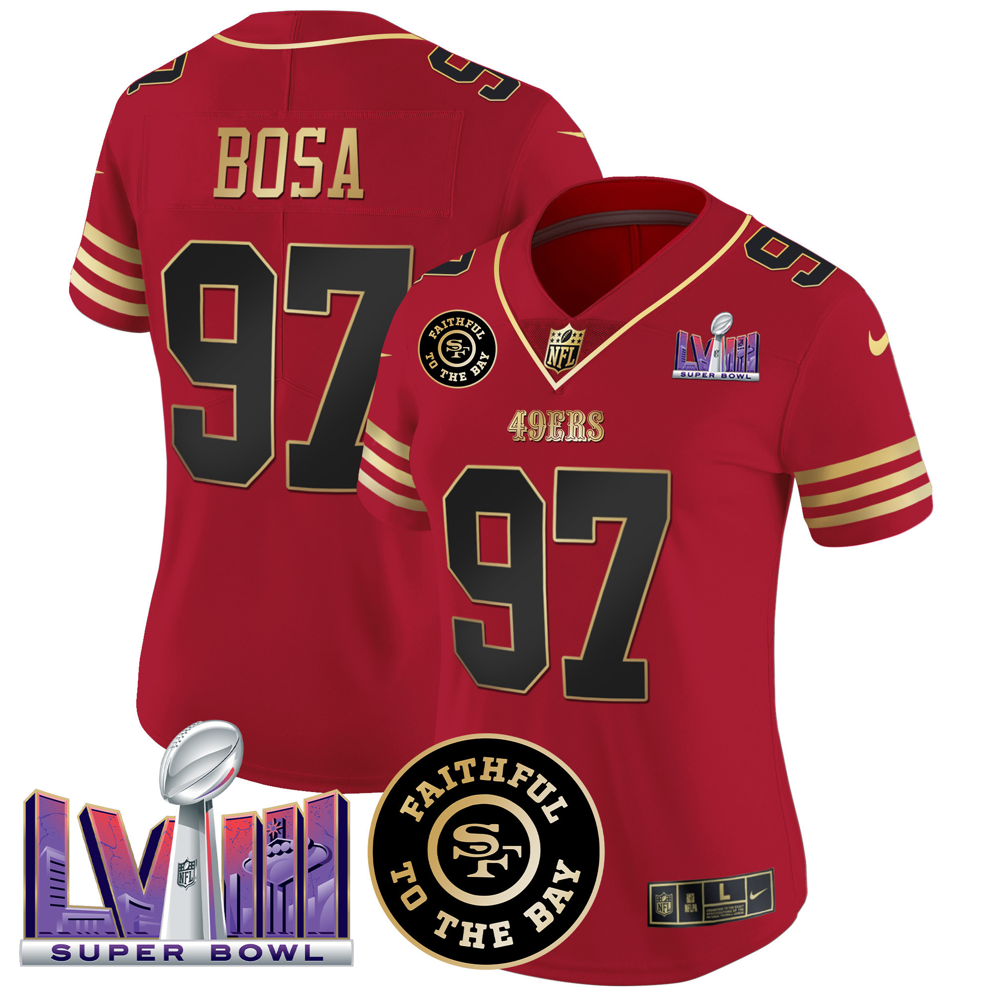 Women's Nick Bosa San Francisco 49ers Faithful & Super Bowl LVIII Patch Vapor Black Scarlet Jersey - All Stitched