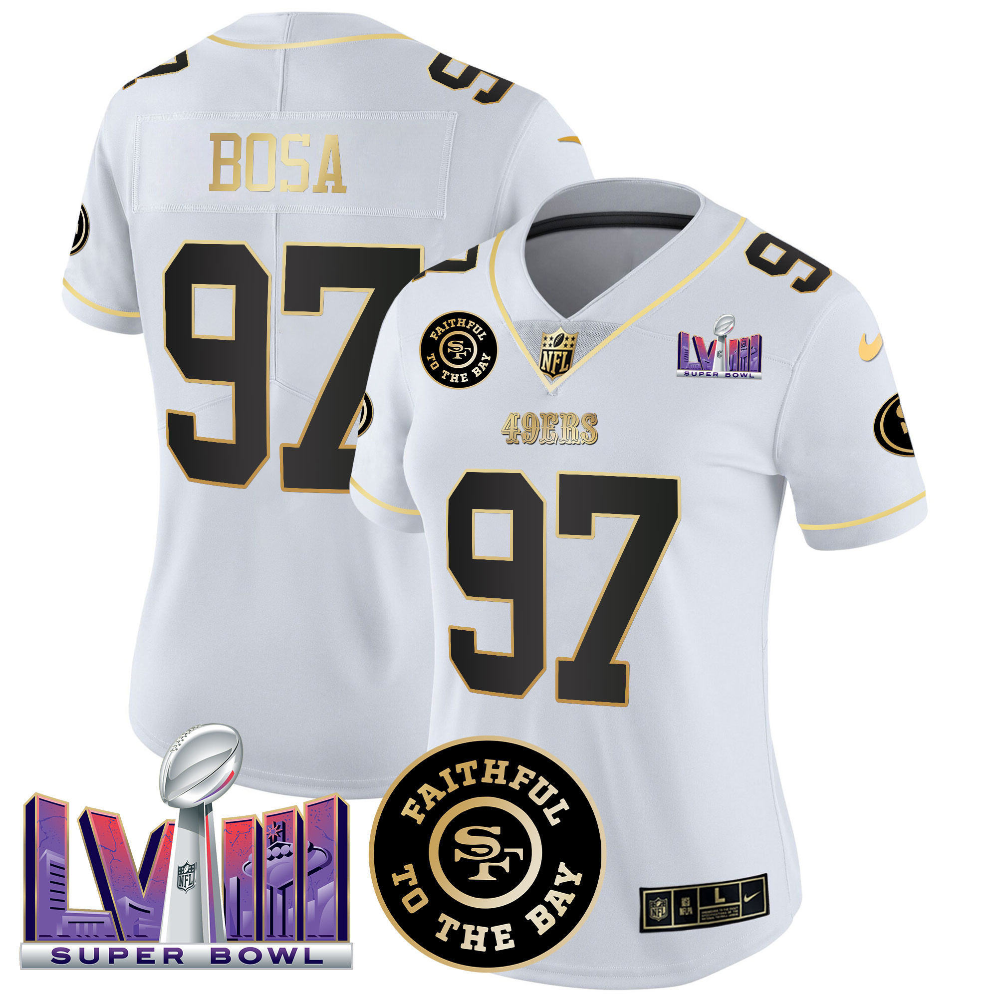 Women's Nick Bosa San Francisco 49ers Faithful & Super Bowl LVIII Patch Vapor White Gold Jersey V2 - All Stitched