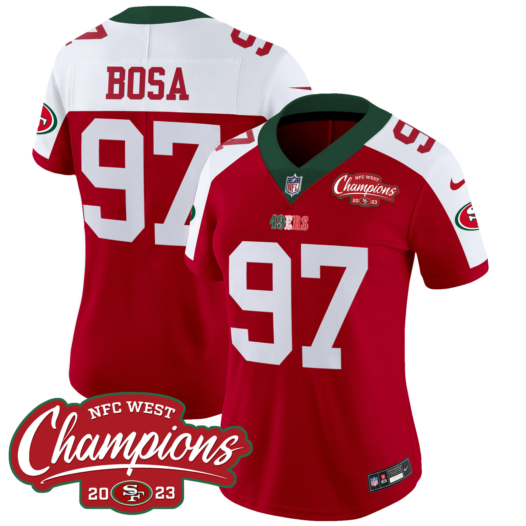 Women's Nick Bosa San Francisco 49ers Mexico 2023 NFC West Champions Patch Vapor Red Alternate Jersey - All Stitched