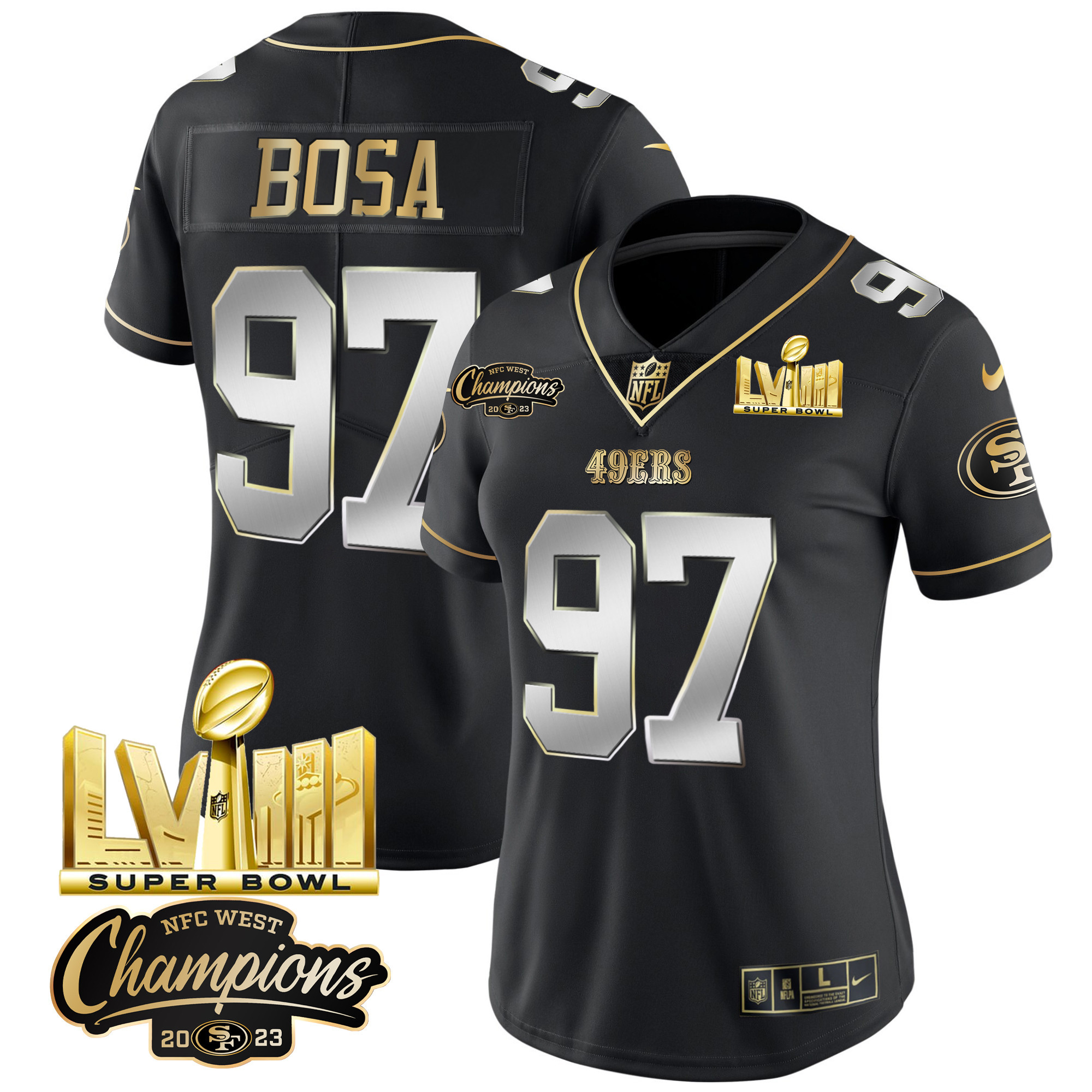 Women's Nick Bosa San Francisco 49ers NFC West Champions & Super Bowl LVIII Gold Patch Vapor Black Limited Jersey V2 - All Stitched