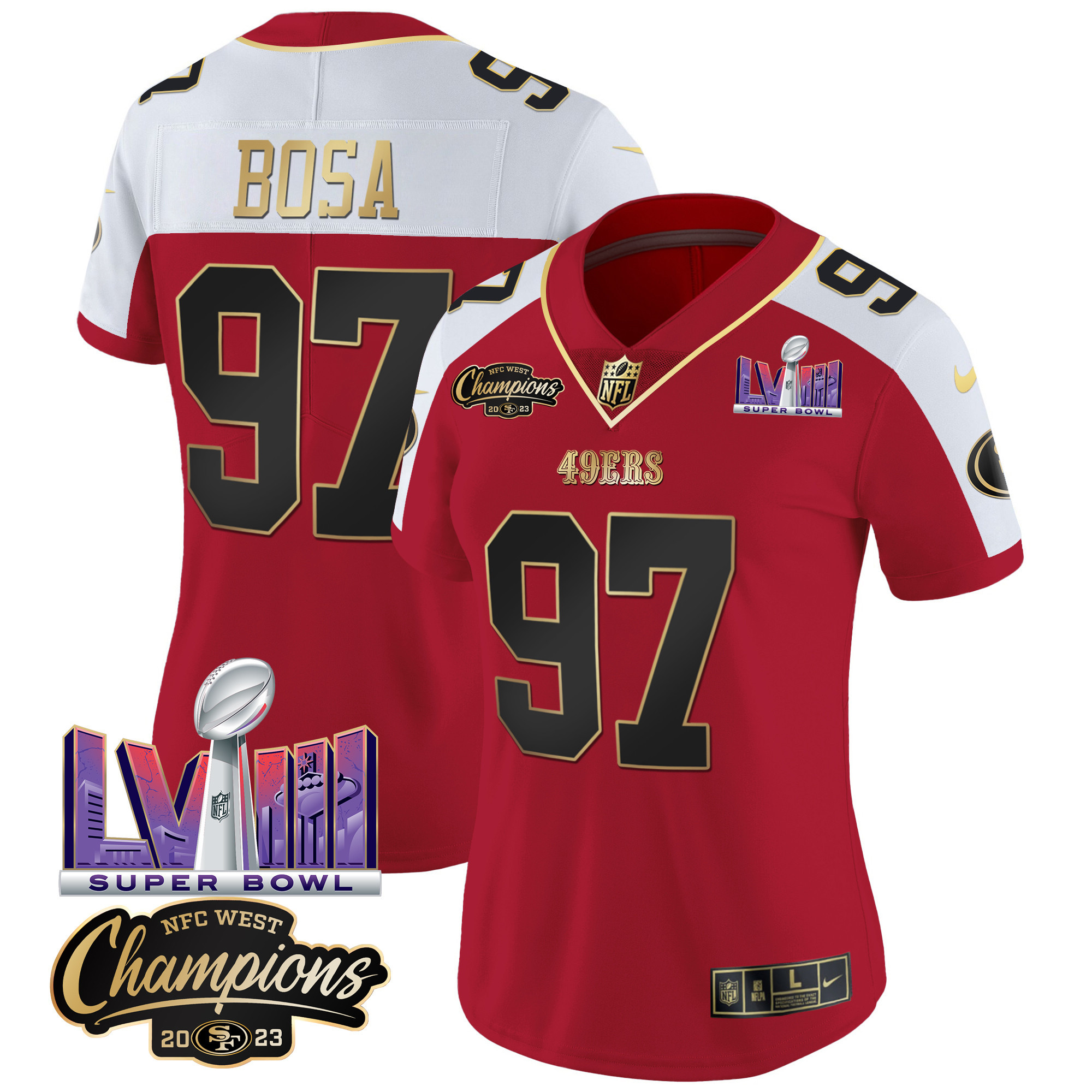 Women's Nick Bosa San Francisco 49ers NFC West Champions & Super Bowl LVIII Patch Vapor Alternate Jersey V2 - All Stitched
