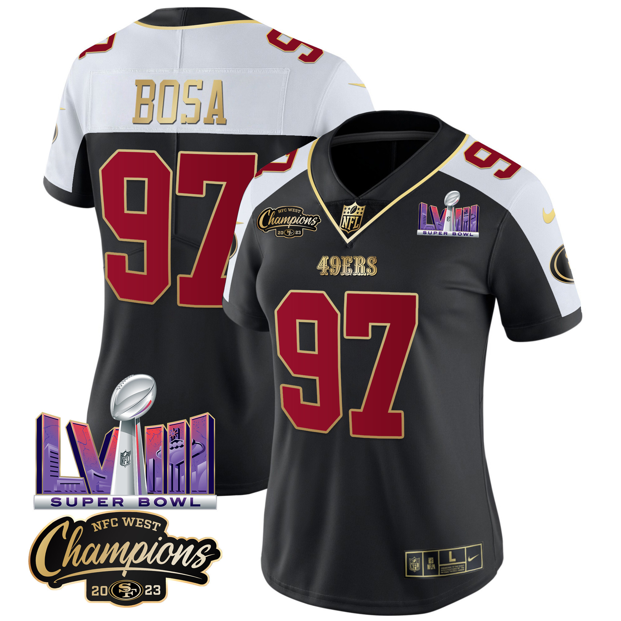 Women's Nick Bosa San Francisco 49ers NFC West Champions & Super Bowl LVIII Patch Vapor Black Alternate Jersey V2 - All Stitched