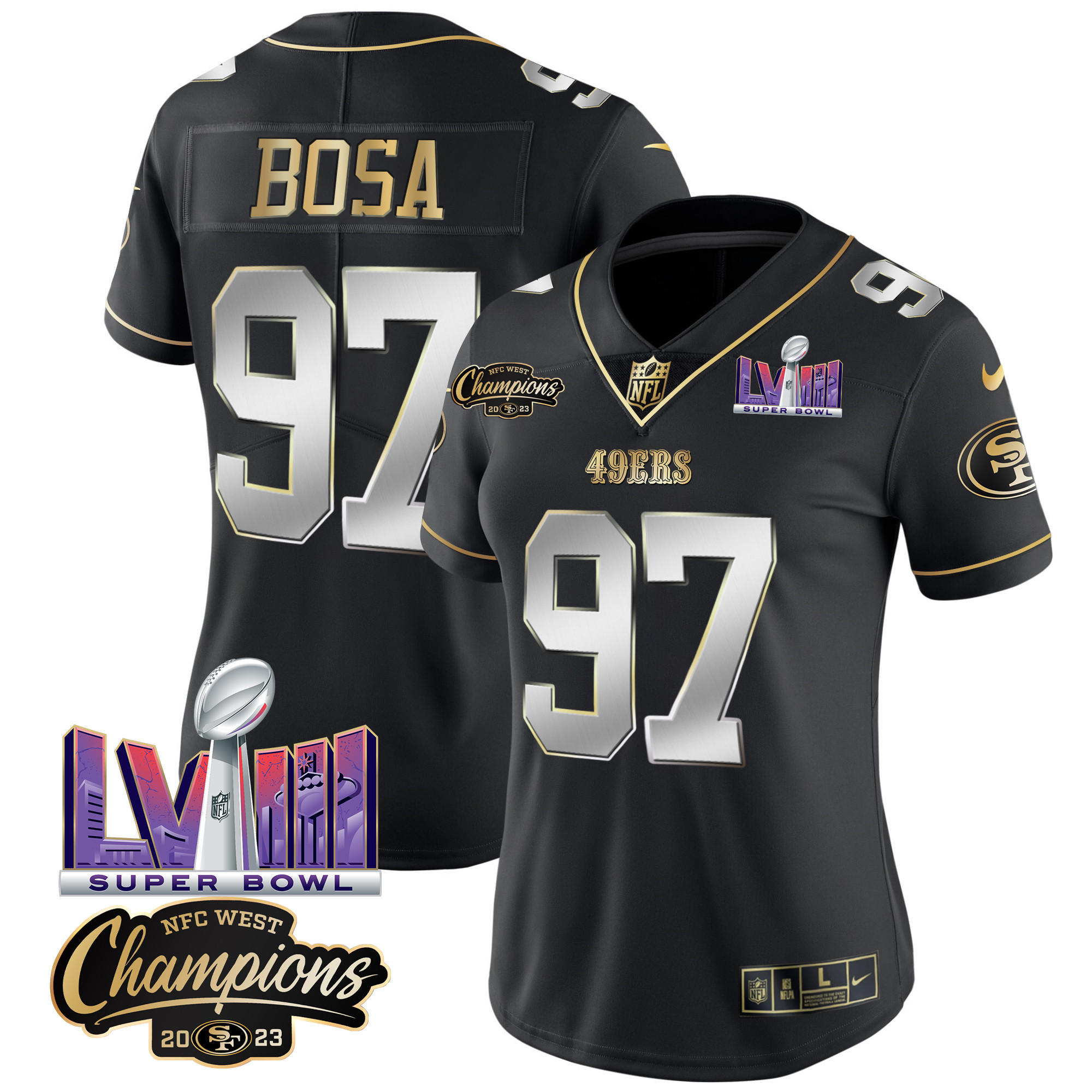 Women's Nick Bosa San Francisco 49ers NFC West Champions & Super Bowl LVIII Patch Vapor Black Limited Jersey V2 - All Stitched