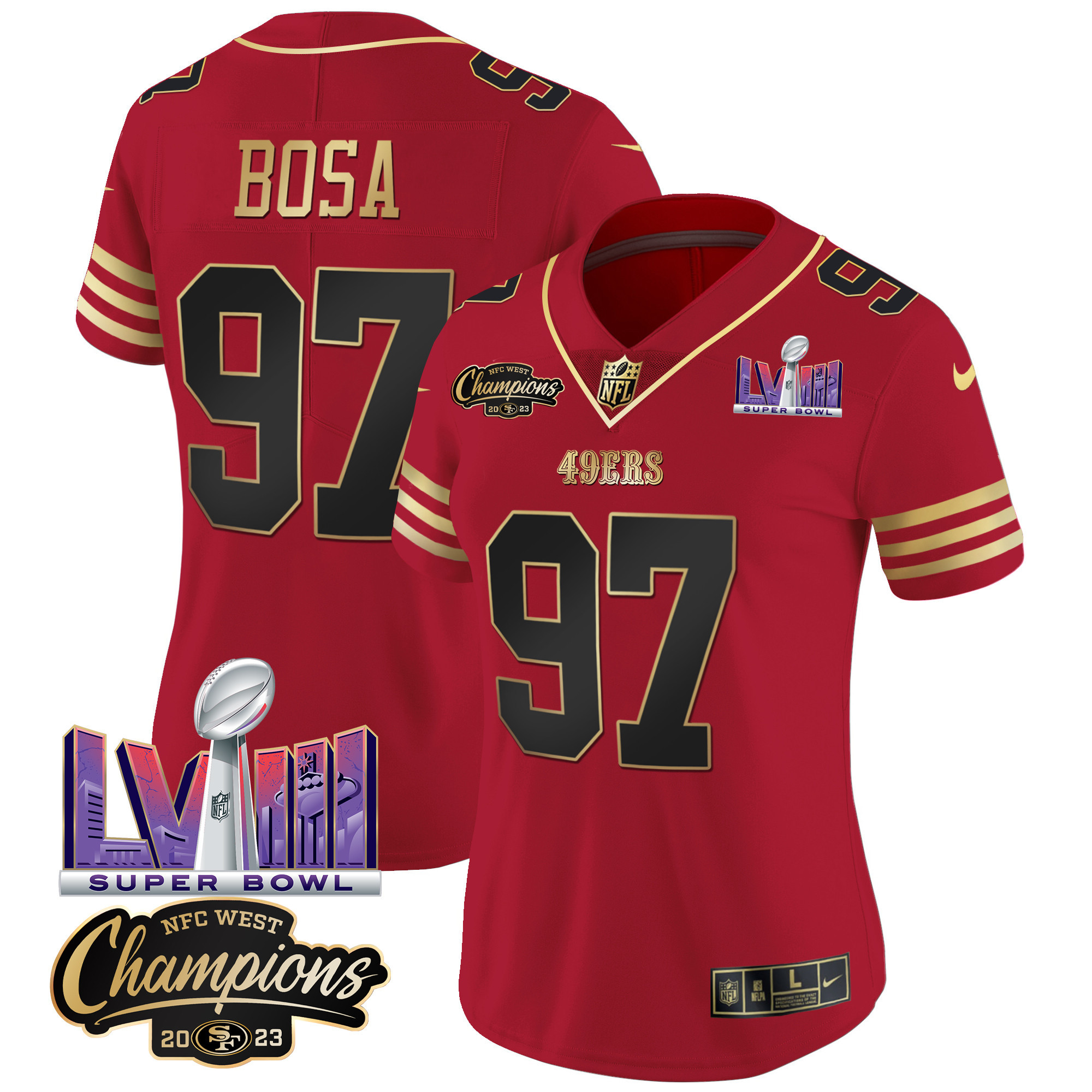 Women's Nick Bosa San Francisco 49ers NFC West Champions & Super Bowl LVIII Patch Vapor Black Scarlet Jersey V2 - All Stitched