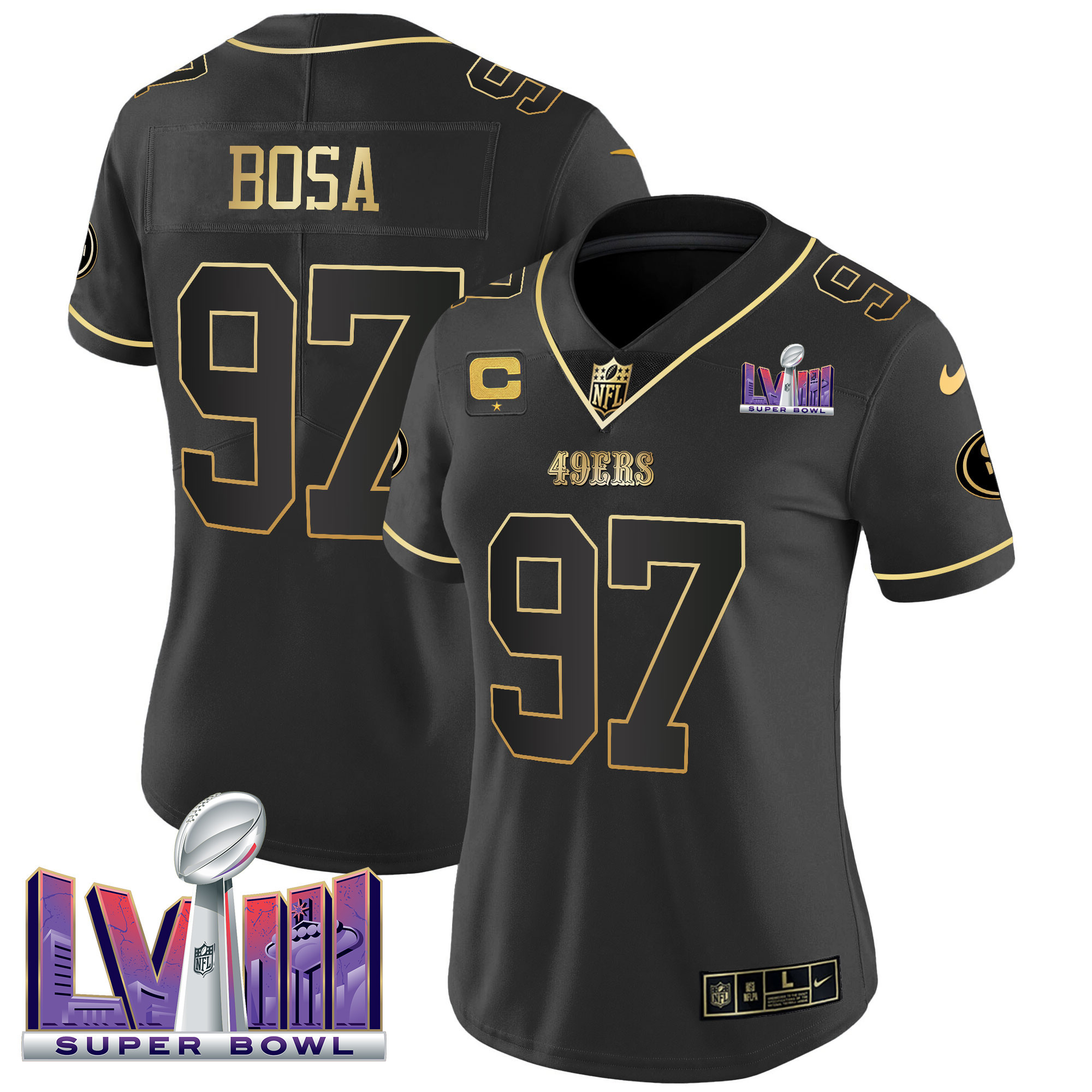 Women's Nick Bosa San Francisco 49ers Super Bowl LVIII Patch Vapor Black Gold Jersey V2 - All Stitched