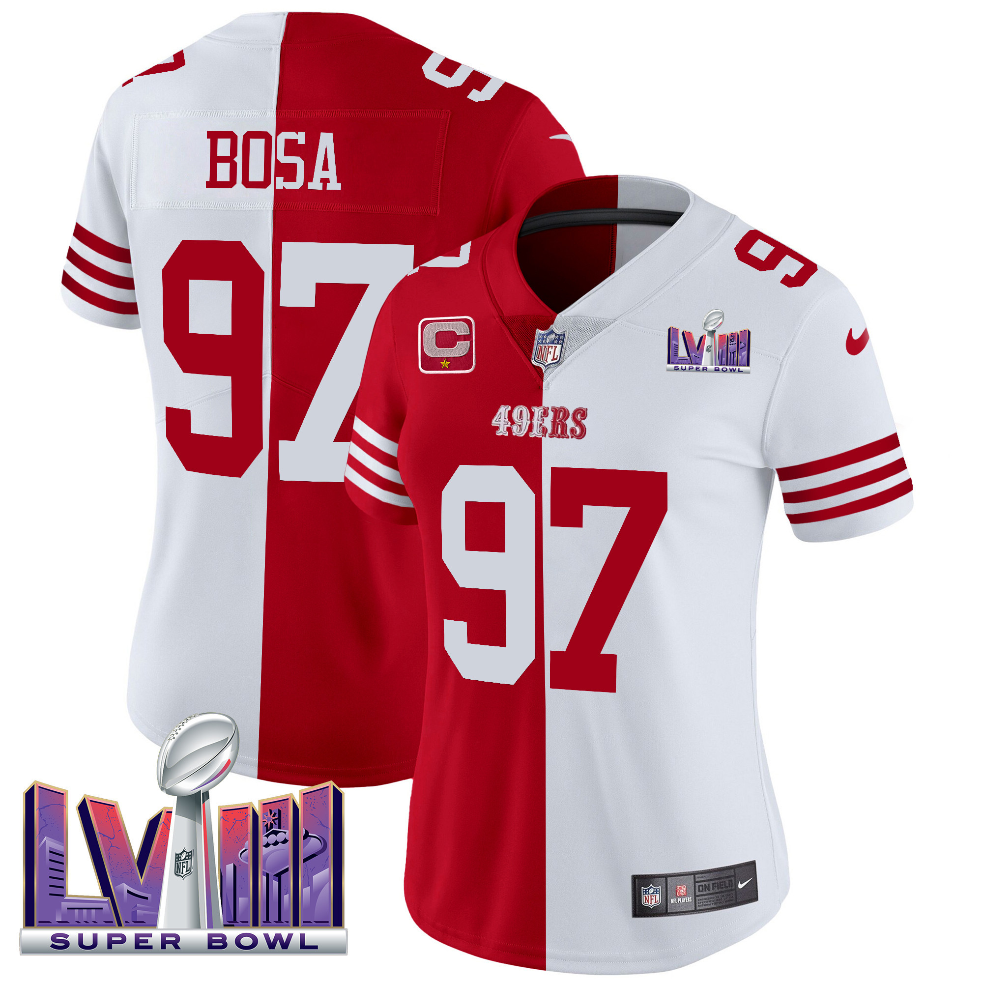 Women's Nick Bosa San Francisco 49ers Super Bowl LVIII Patch Vapor Split Jersey V2 - All Stitched