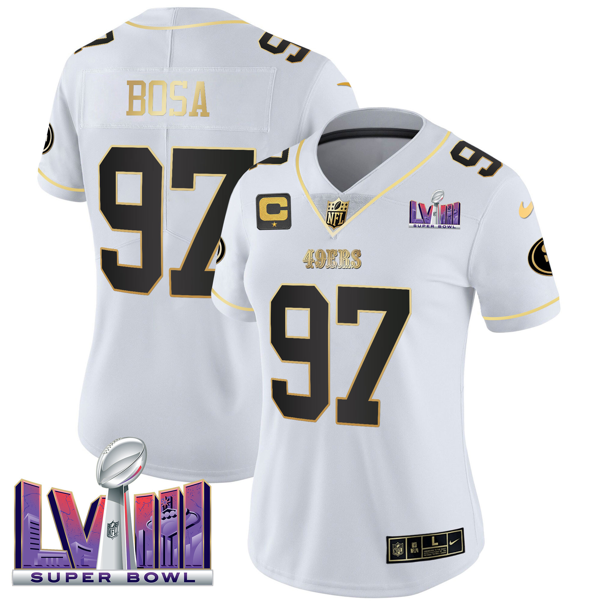 Women's Nick Bosa San Francisco 49ers Super Bowl LVIII Patch Vapor White Gold Jersey V2 - All Stitched