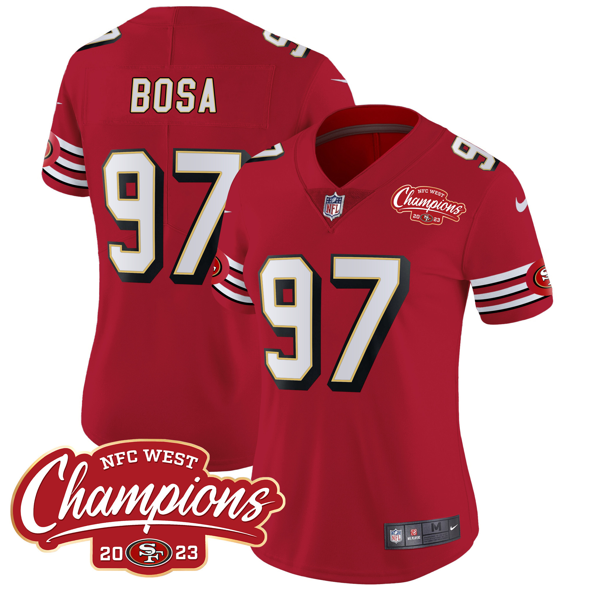 Women's Nick Bosa San Francisco 49ers Throwback NFC West Champions Patch Vapor Red Jersey - All Stitched