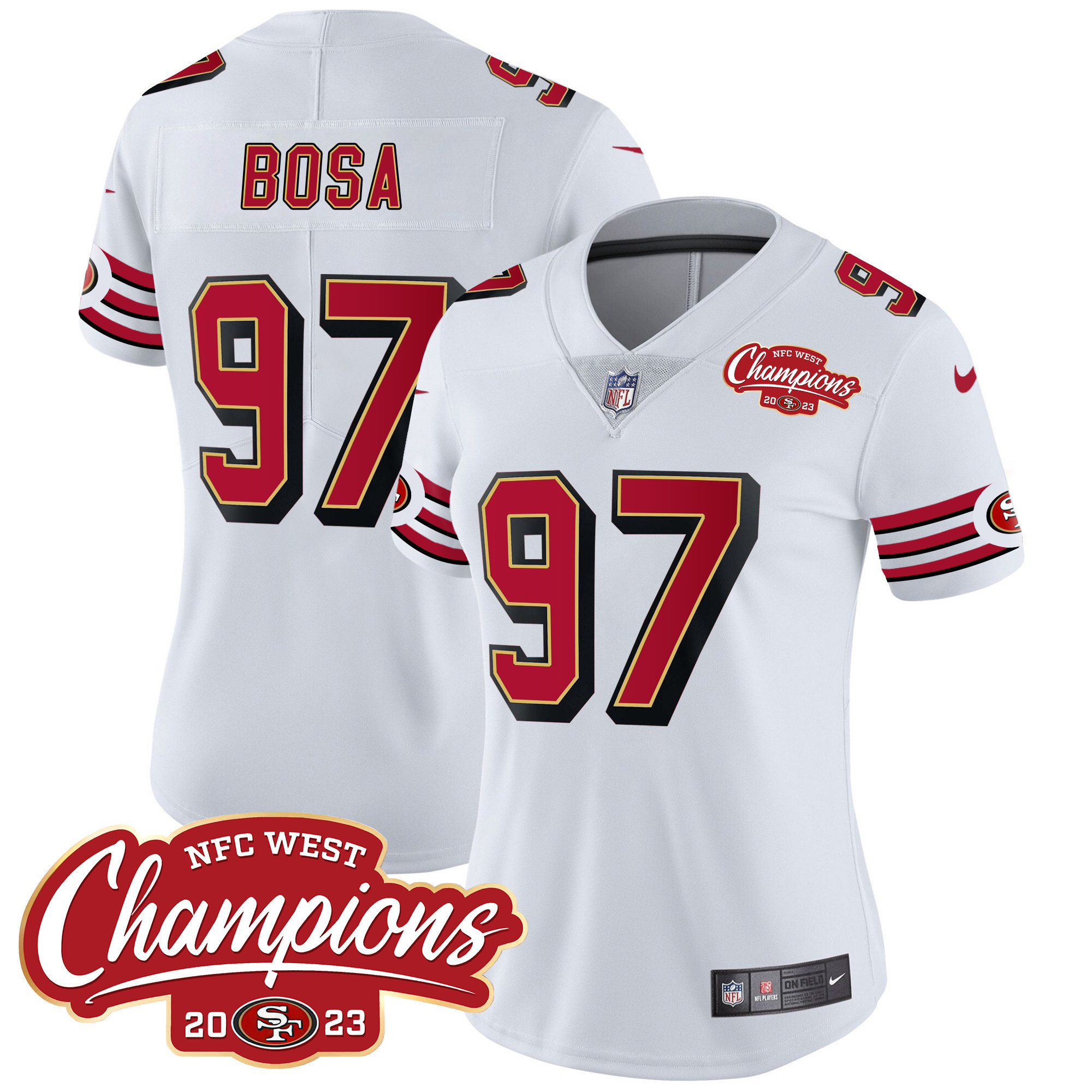 Women's Nick Bosa San Francisco 49ers Throwback NFC West Champions Patch Vapor White Jersey - All Stitched