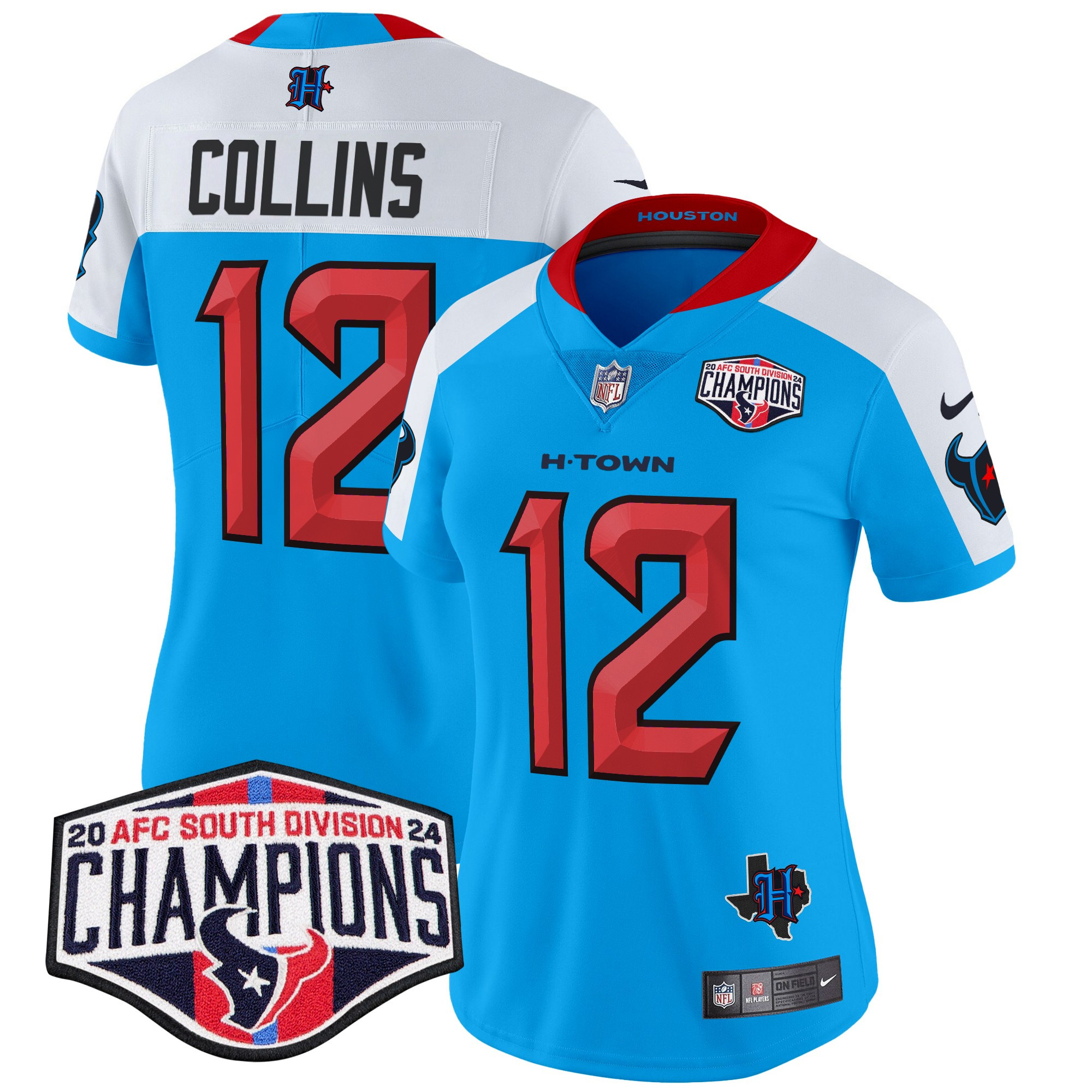 Women's Nico Collins Houston Texans 2024 AFC South Division Champions Patch Vapor Limited Blue Alternate Jersey - All Stitched