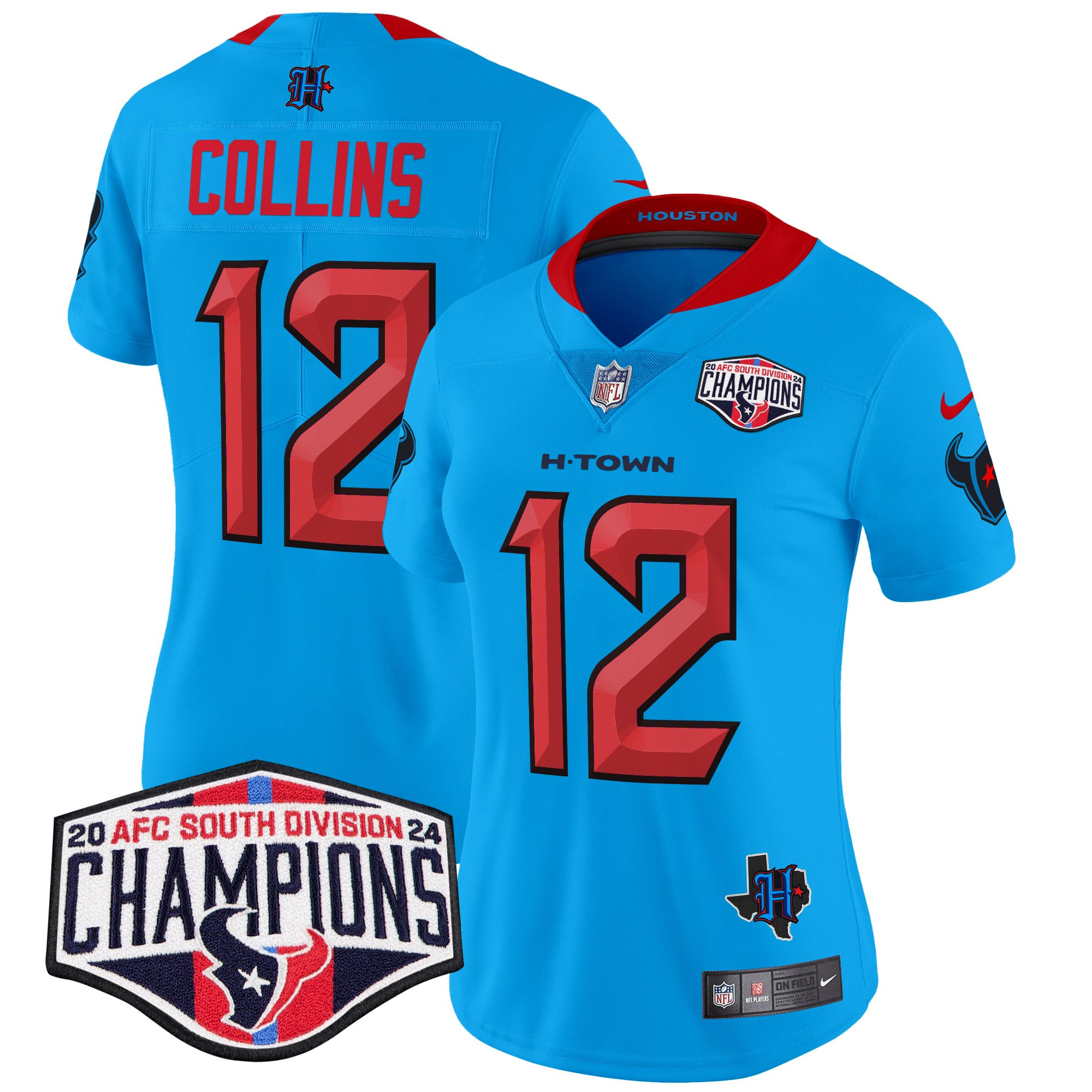 Women's Nico Collins Houston Texans 2024 AFC South Division Champions Patch Vapor Limited Blue Jersey - All Stitched