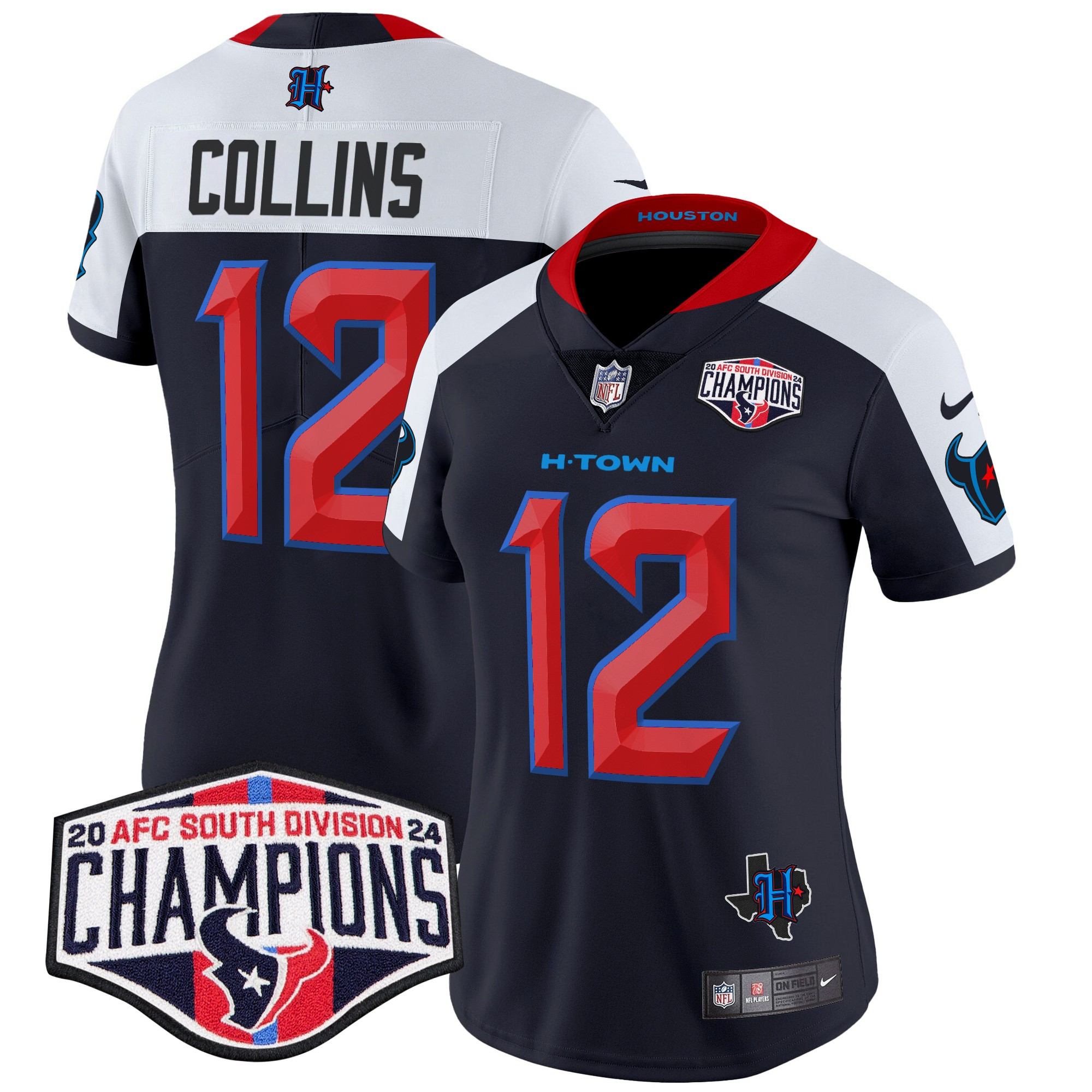 Women's Nico Collins Houston Texans 2024 AFC South Division Champions Patch Vapor Limited Navy Alternate Jersey - All Stitched