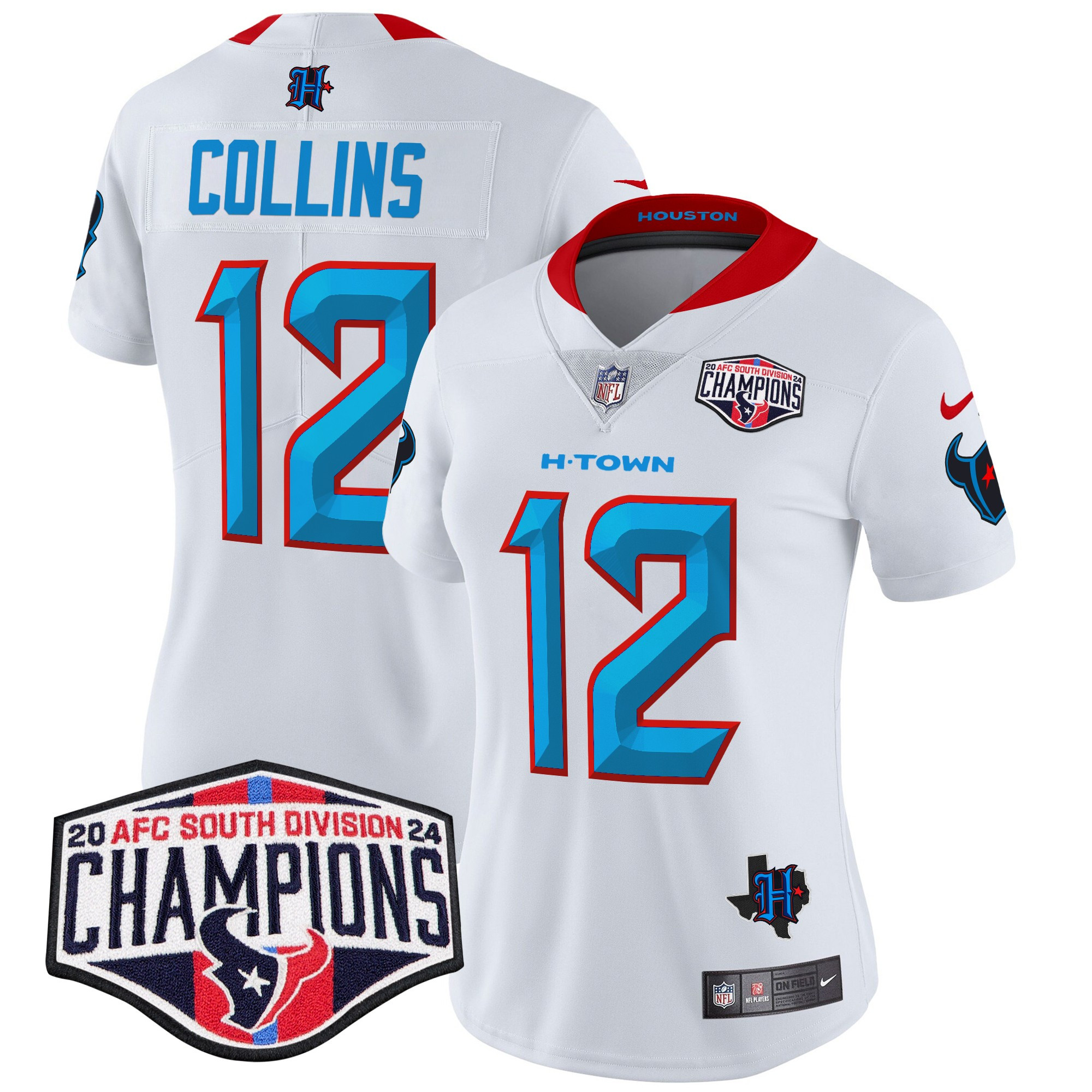 Women's Nico Collins Houston Texans 2024 AFC South Division Champions Patch Vapor Limited White Jersey - All Stitched
