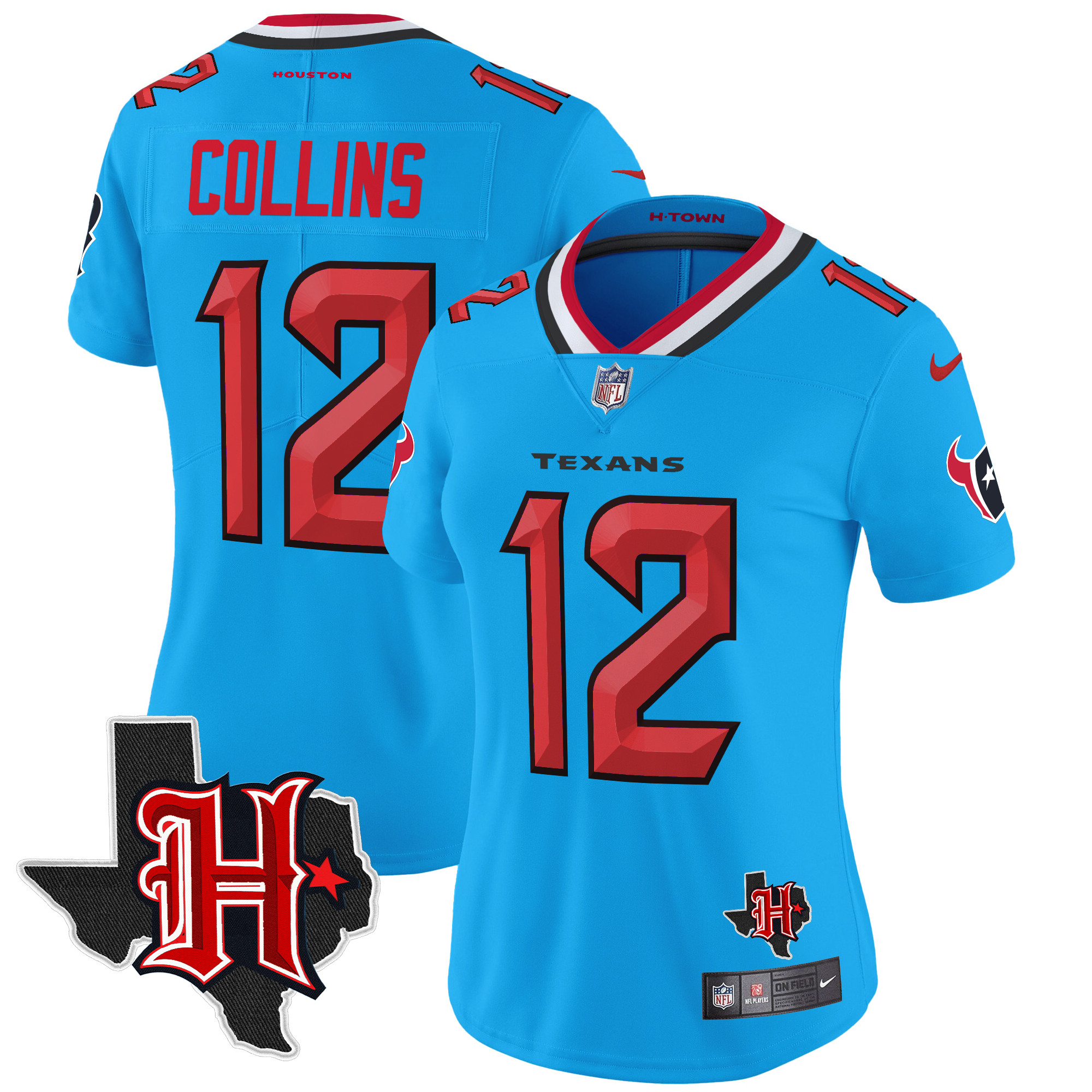 Women's Nico Collins Houston Texans 2024 Texas Patch Vapor Limited Blue Jersey - All Stitched