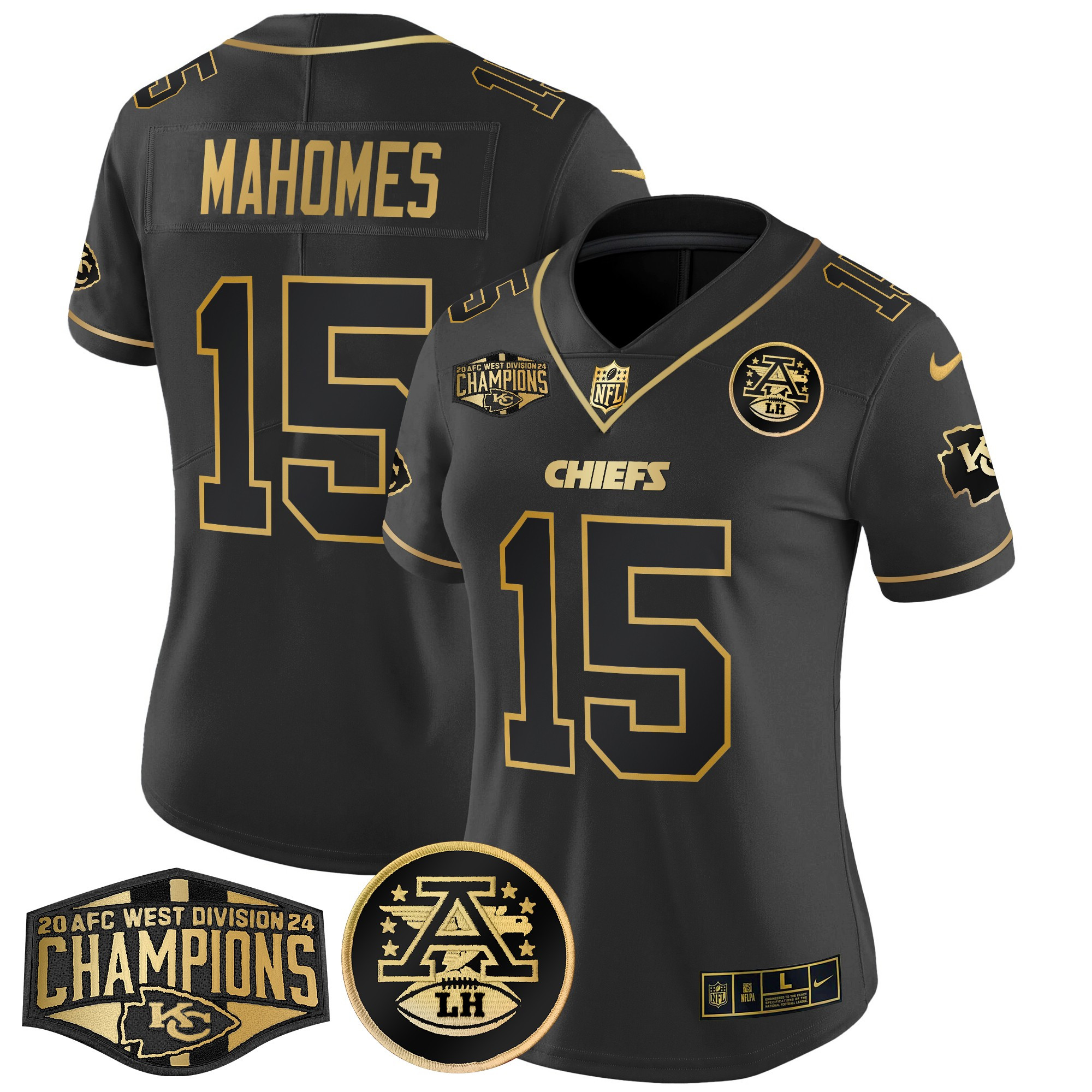 Women's Patrick Mahomes Kansas City Chiefs 2024 AFC West Division Champions Patch Gold Vapor Limited Black Gold Jersey - All Stitched
