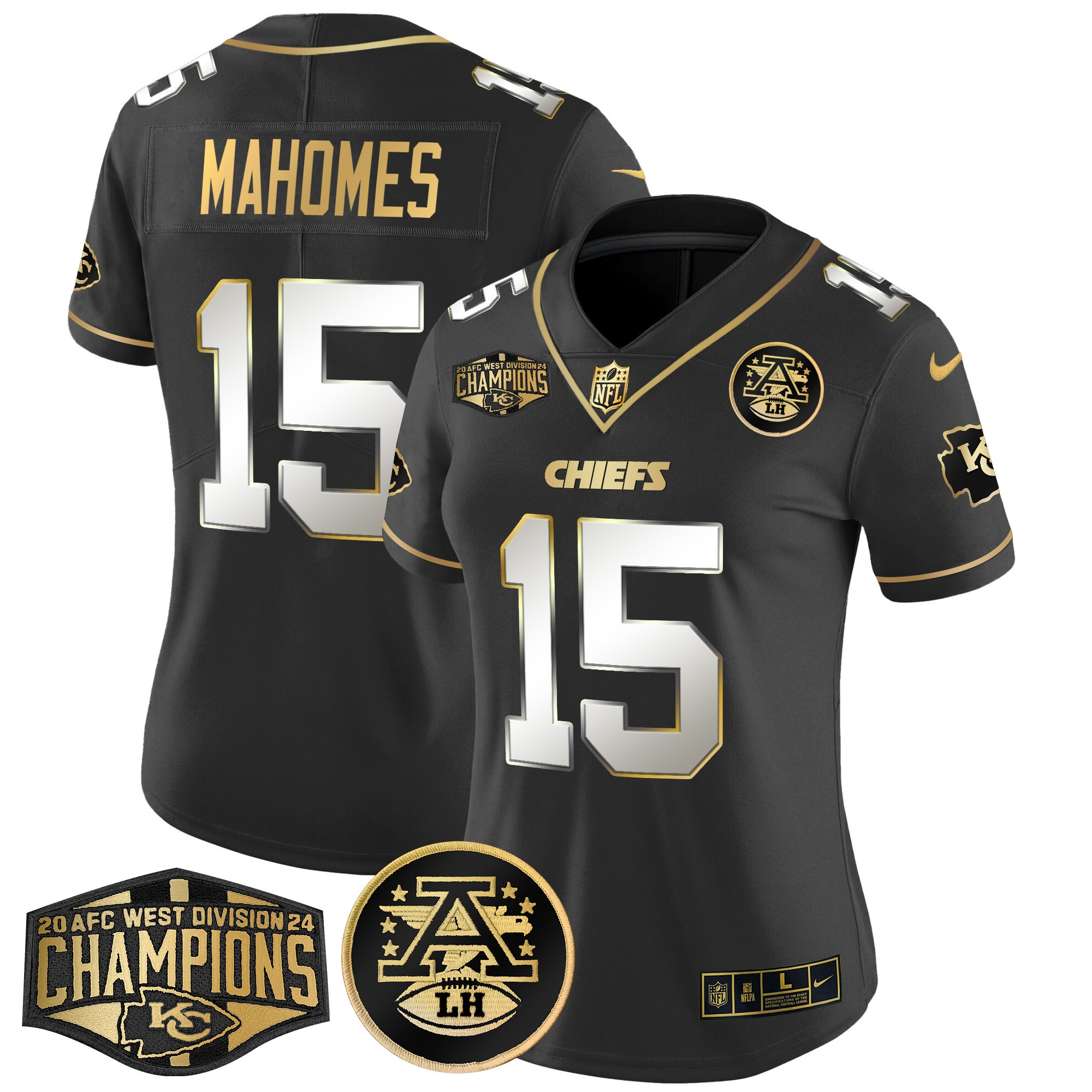 Women's Patrick Mahomes Kansas City Chiefs 2024 AFC West Division Champions Patch Gold Vapor Limited Black Limited Jersey - All Stitched