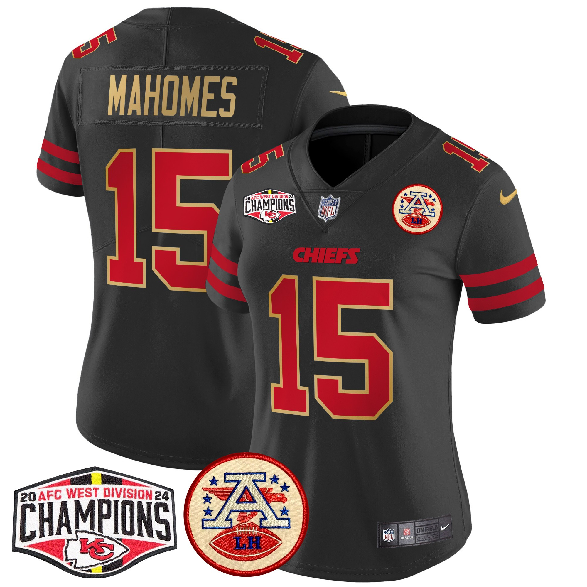 Women's Patrick Mahomes Kansas City Chiefs 2024 AFC West Division Champions Patch Vapor Limited Gold Trim Jersey - All Stitched
