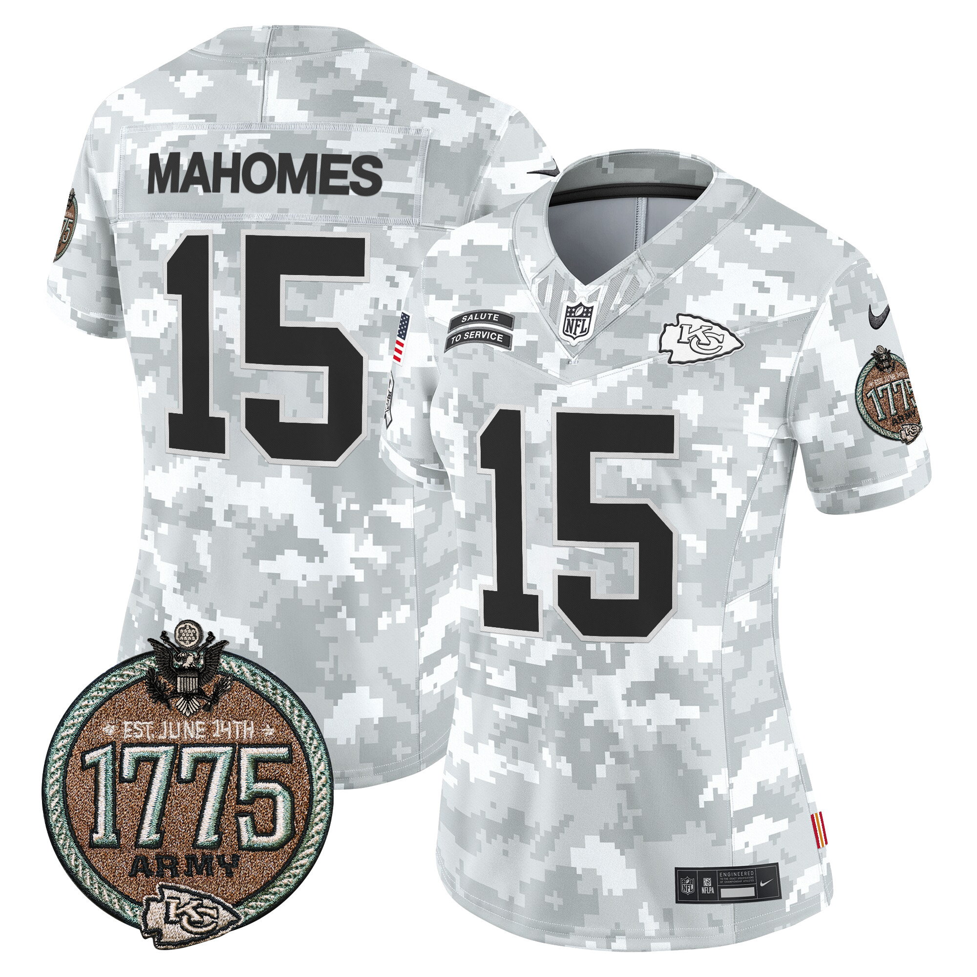 Women's Patrick Mahomes Kansas City Chiefs 2024 Salute to Service Establishment Year Patch Vapor Limited Army Jersey - All Stitched