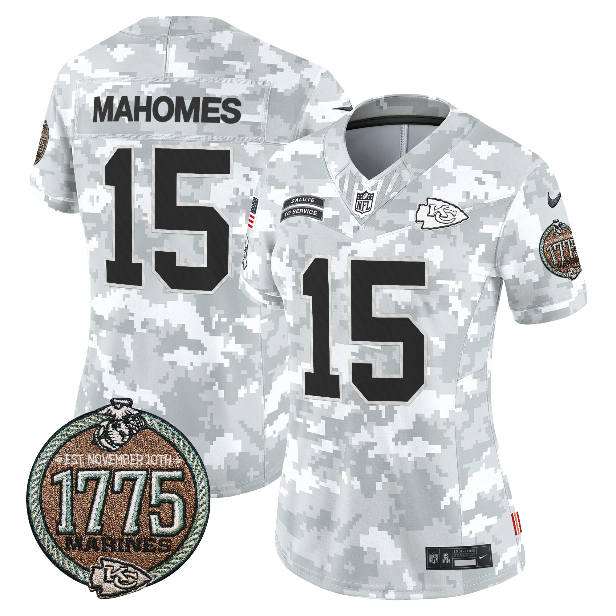 Women's Patrick Mahomes Kansas City Chiefs 2024 Salute to Service Establishment Year Patch Vapor Limited Marines Jersey - All Stitched