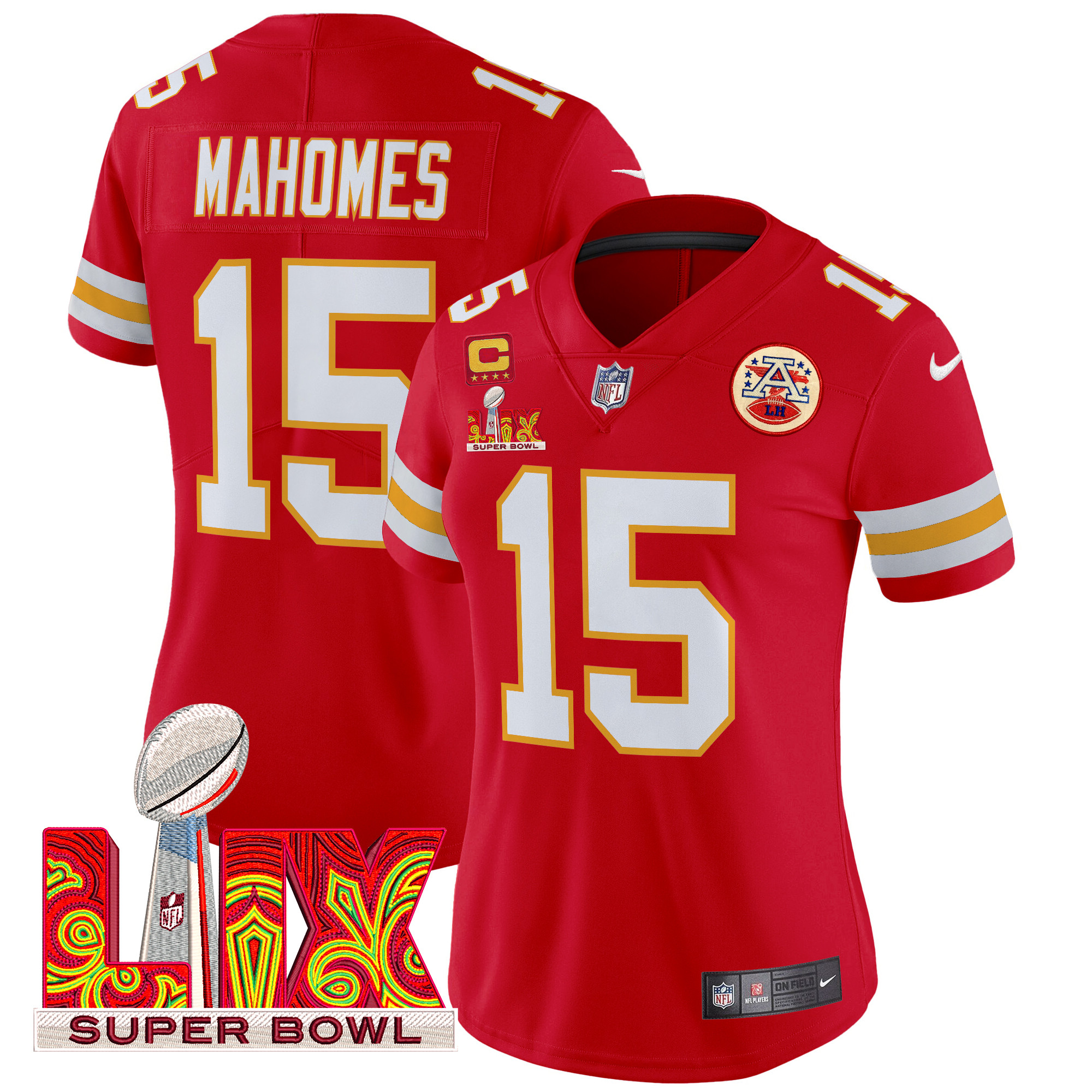Women's Patrick Mahomes Kansas City Chiefs Super Bowl LIX Patch Vapor Limited Red Jersey - All Stitched