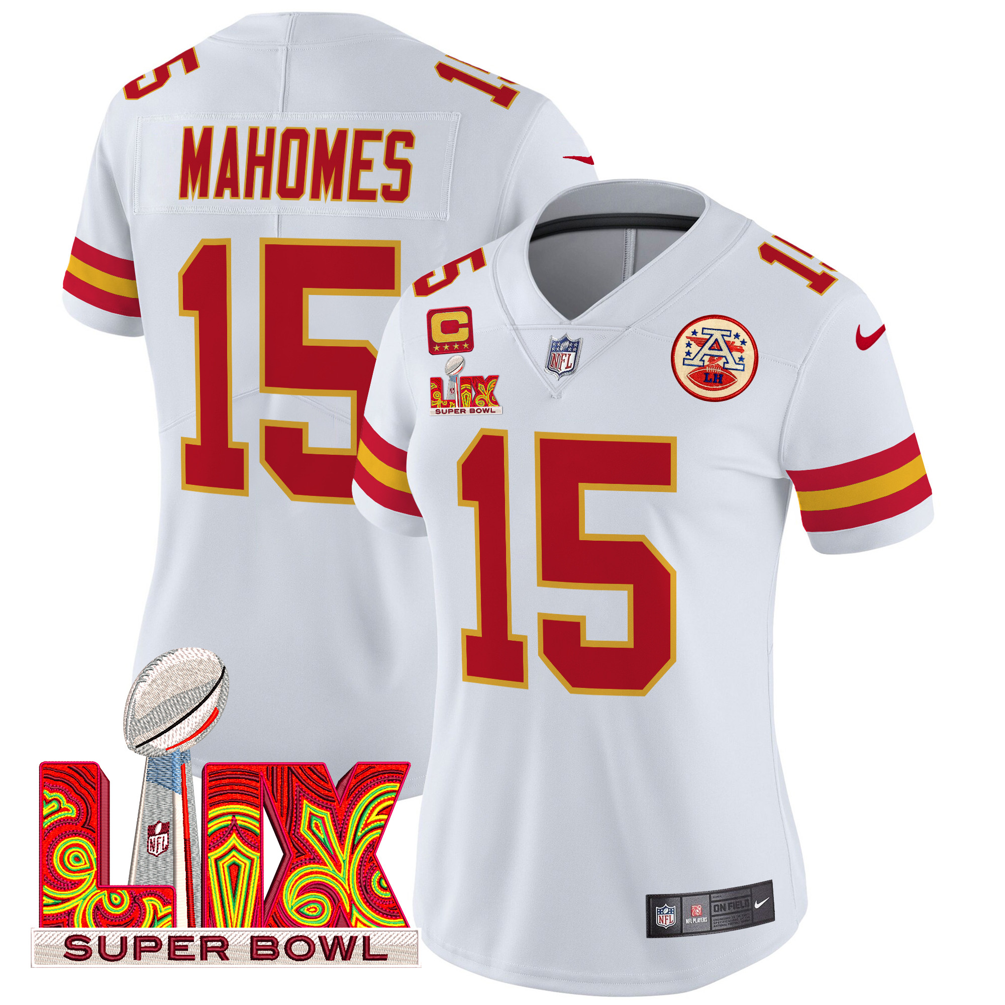 Women's Patrick Mahomes Kansas City Chiefs Super Bowl LIX Patch Vapor Limited White Jersey - All Stitched