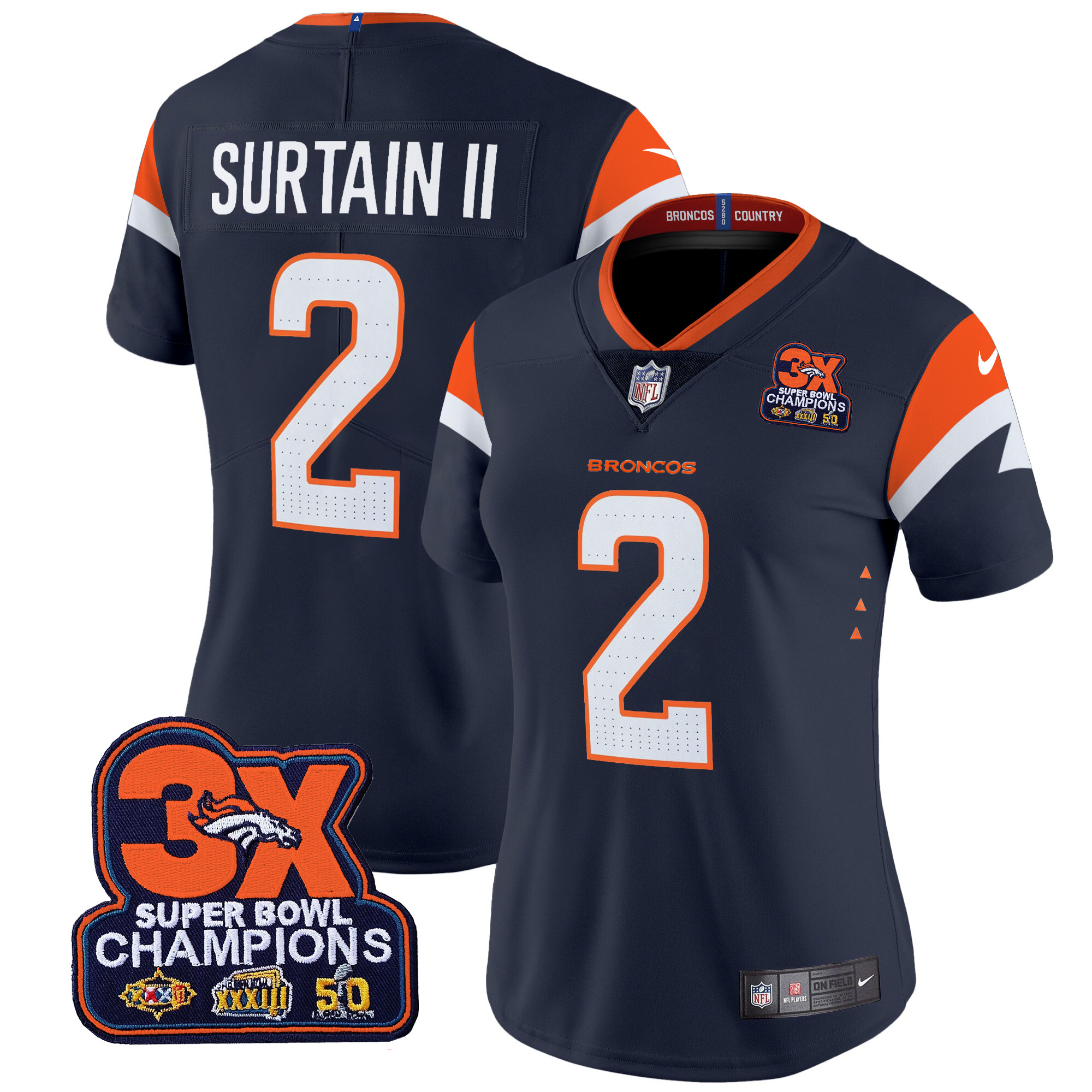 Women's Patrick Surtain II Denver Broncos 3-Time Champions Patch Vapor Limited Navy Jersey - All Stitched