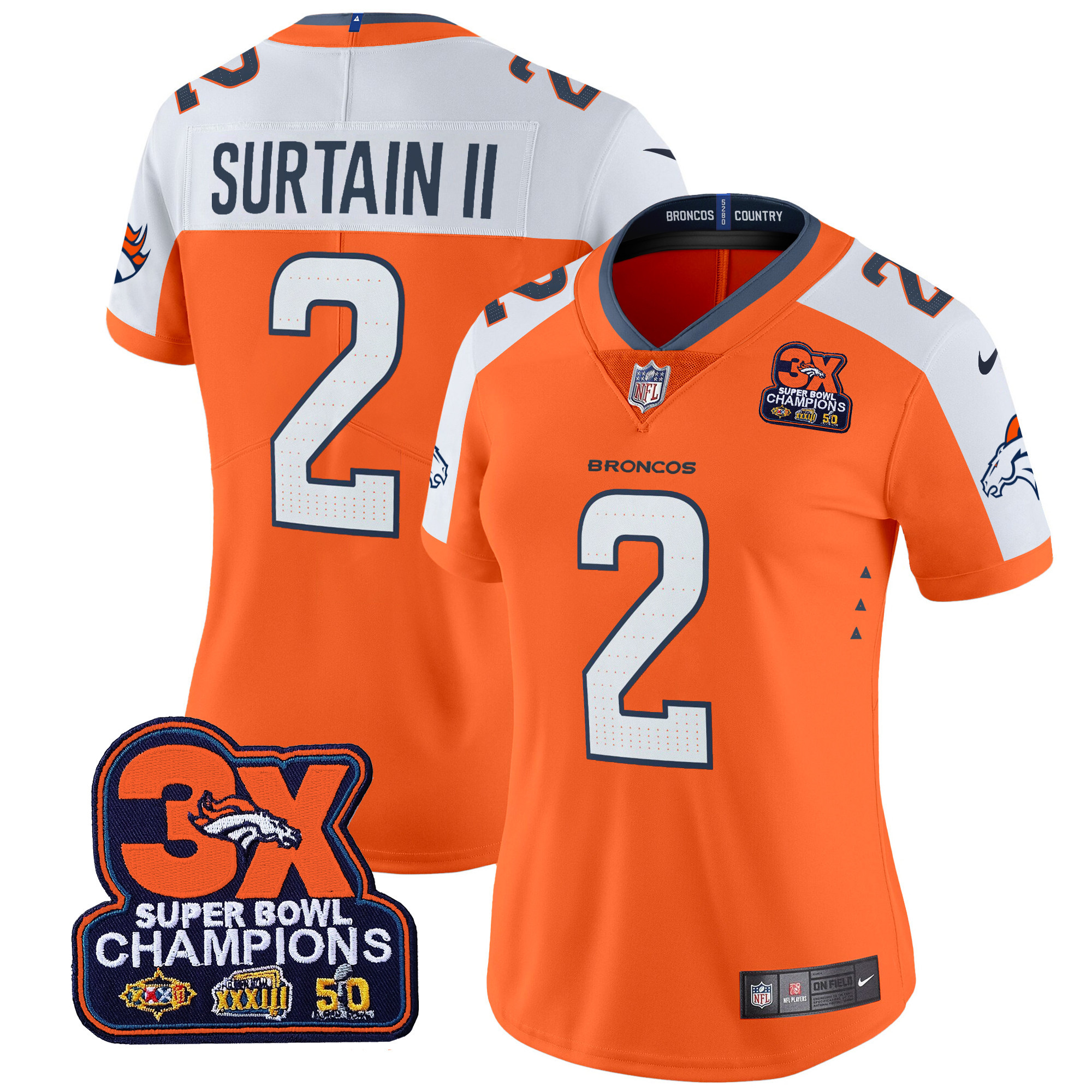 Women's Patrick Surtain II Denver Broncos 3-Time Champions Patch Vapor Limited Orange Alternate Jersey - All Stitched