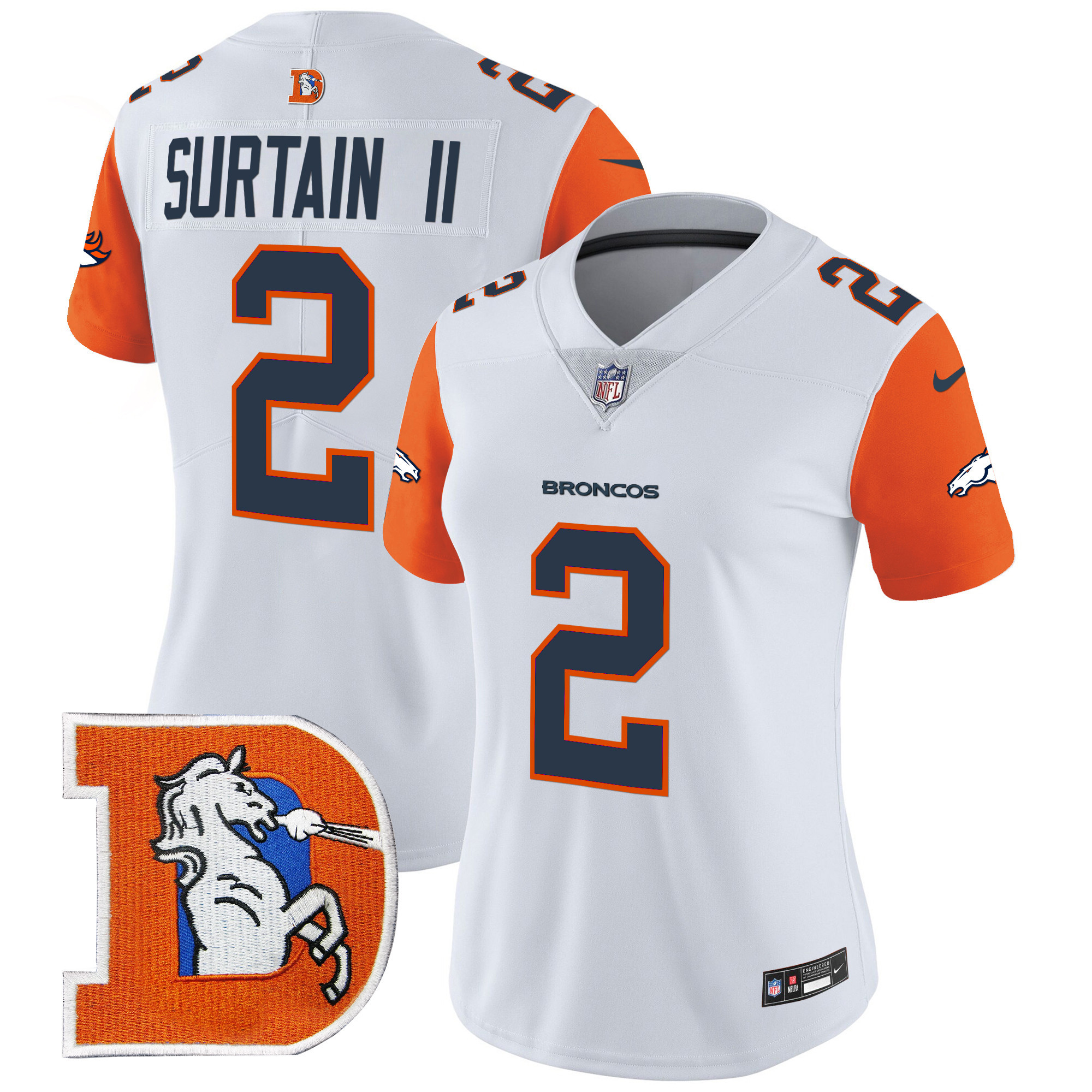 Women's Patrick Surtain II Denver Broncos Throwback Vapor Limited Orange Sleeves Jersey - All Stitched