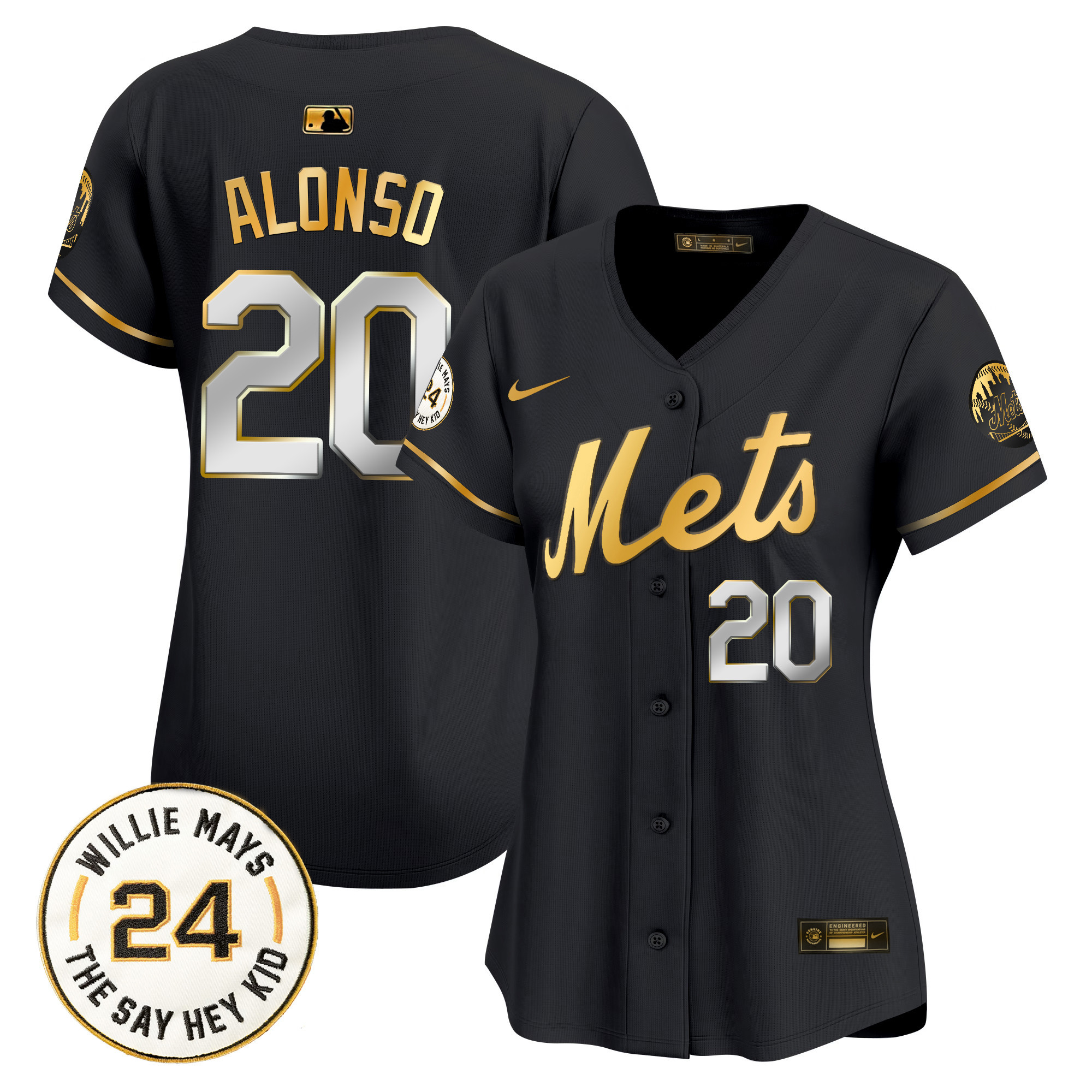Women's Pete Alonso New York Mets Willie Mays Patch Vapor Premier Limited Black Gold Jersey - All Stitched