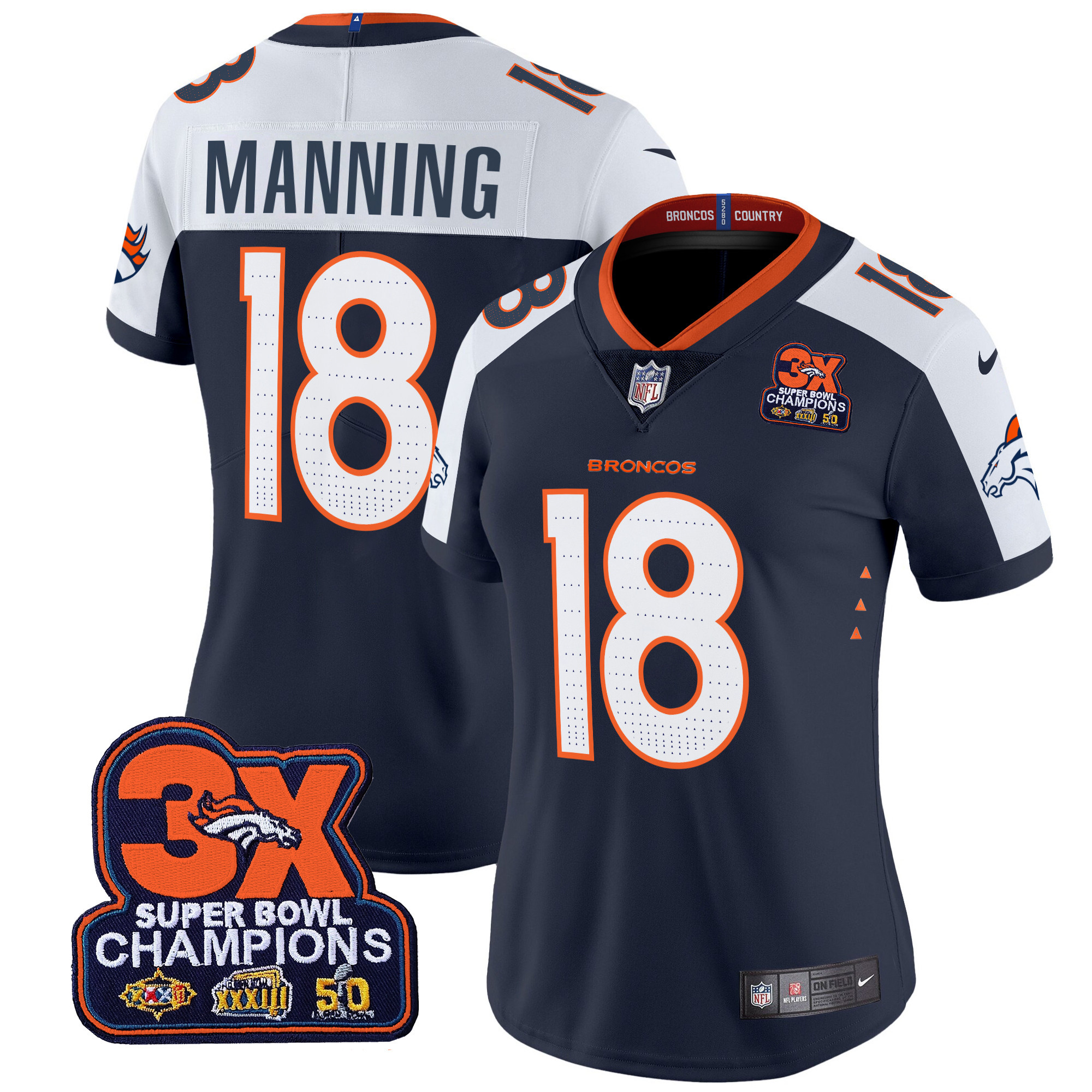 Women's Peyton Manning Denver Broncos 3-Time Champions Patch Vapor Limited Navy Alternate Jersey - All Stitched