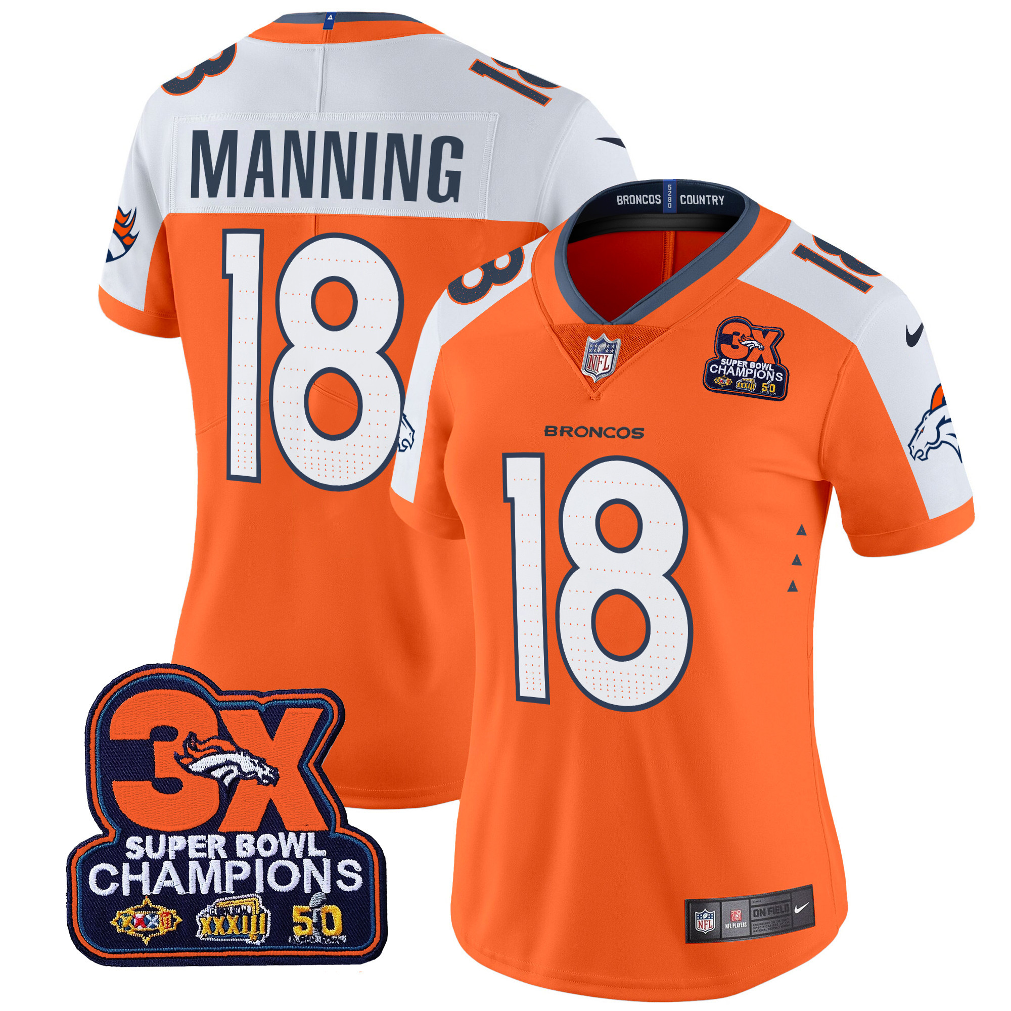Women's Peyton Manning Denver Broncos 3-Time Champions Patch Vapor Limited Orange Alternate Jersey - All Stitched