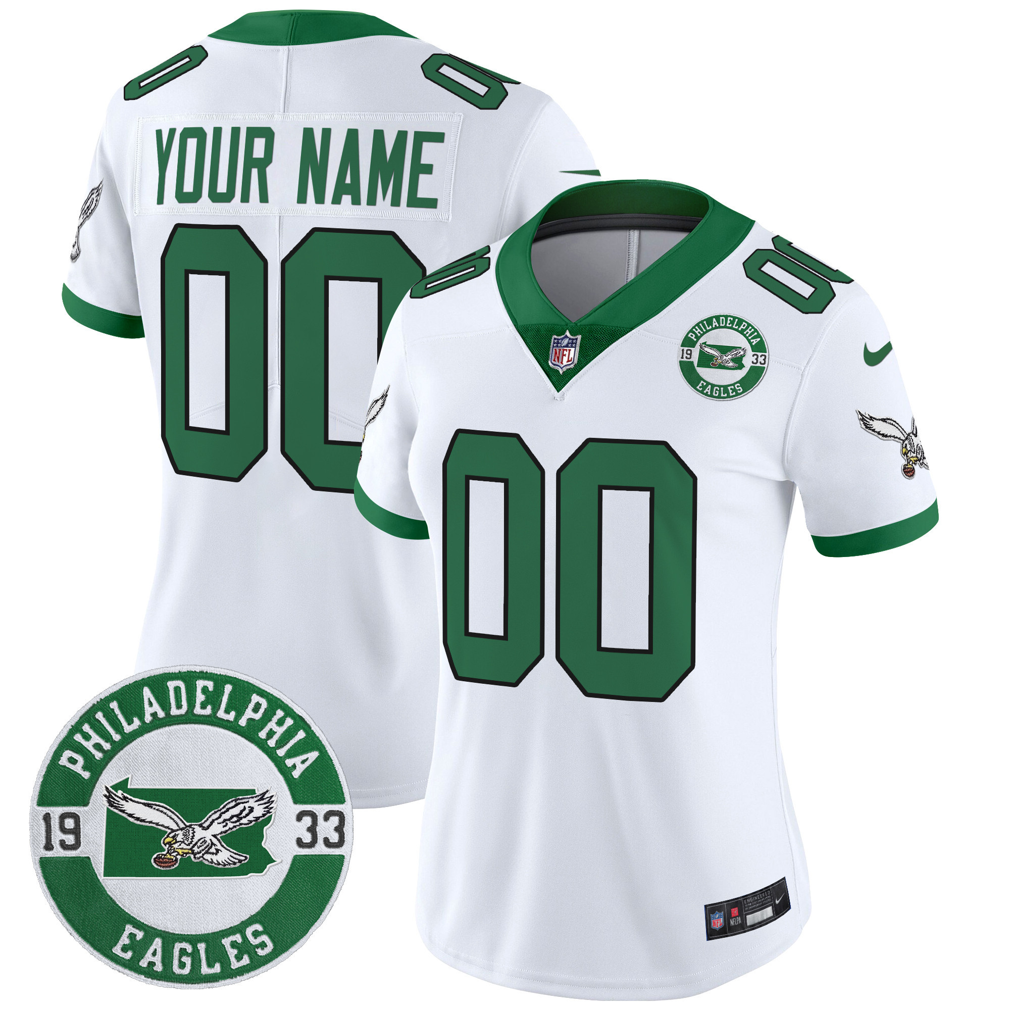Women's Philadelphia Eagles 2024 Throwback Vapor Limited Custom Kelly White Jersey - All Stitched
