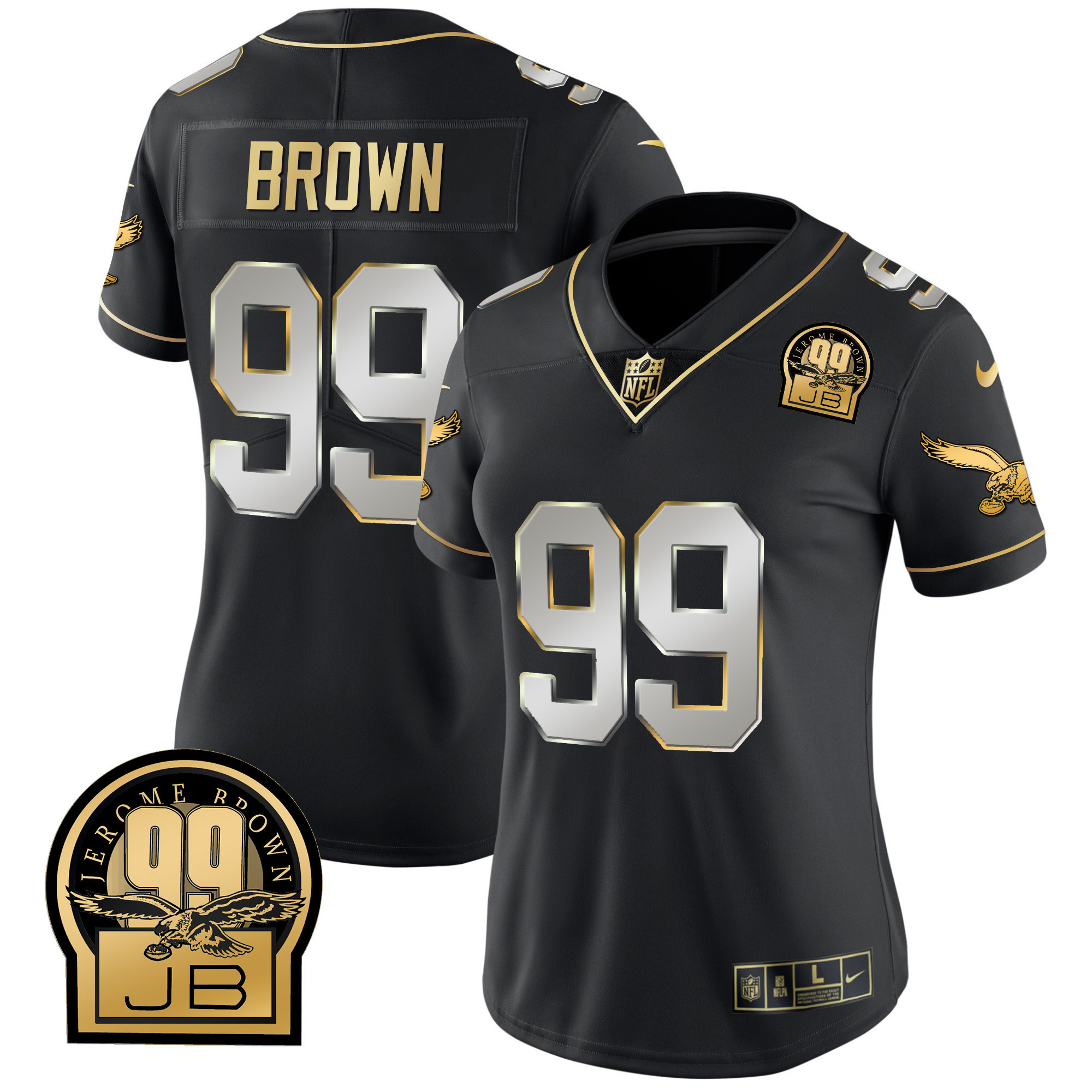 Women's Philadelphia Eagles Jerome Brown Retired Patch Gold & Kelly Black Limited Jersey - All Stitched