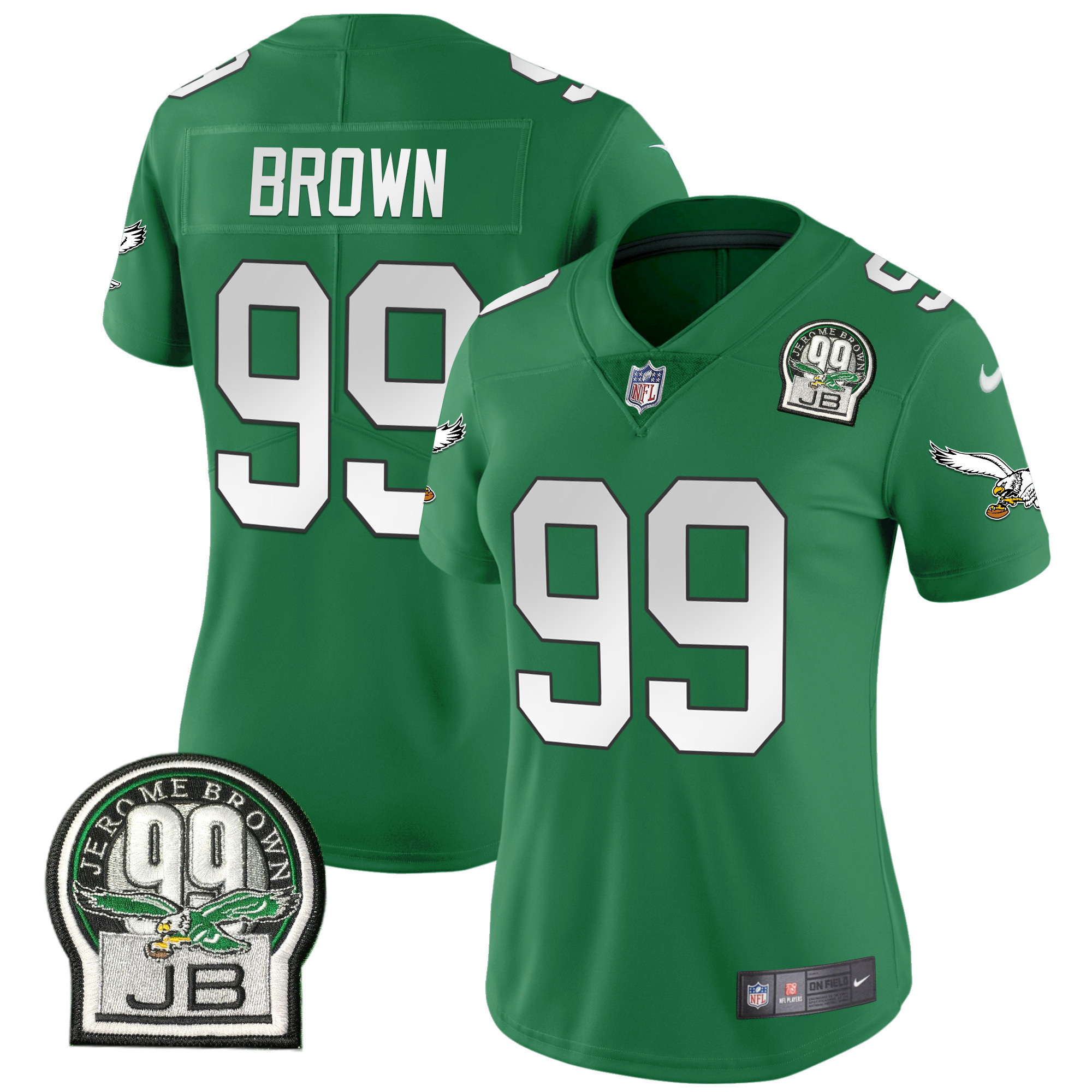 Women's Philadelphia Eagles Jerome Brown Retired Patch Gold & Kelly Kelly Green Jersey - All Stitched