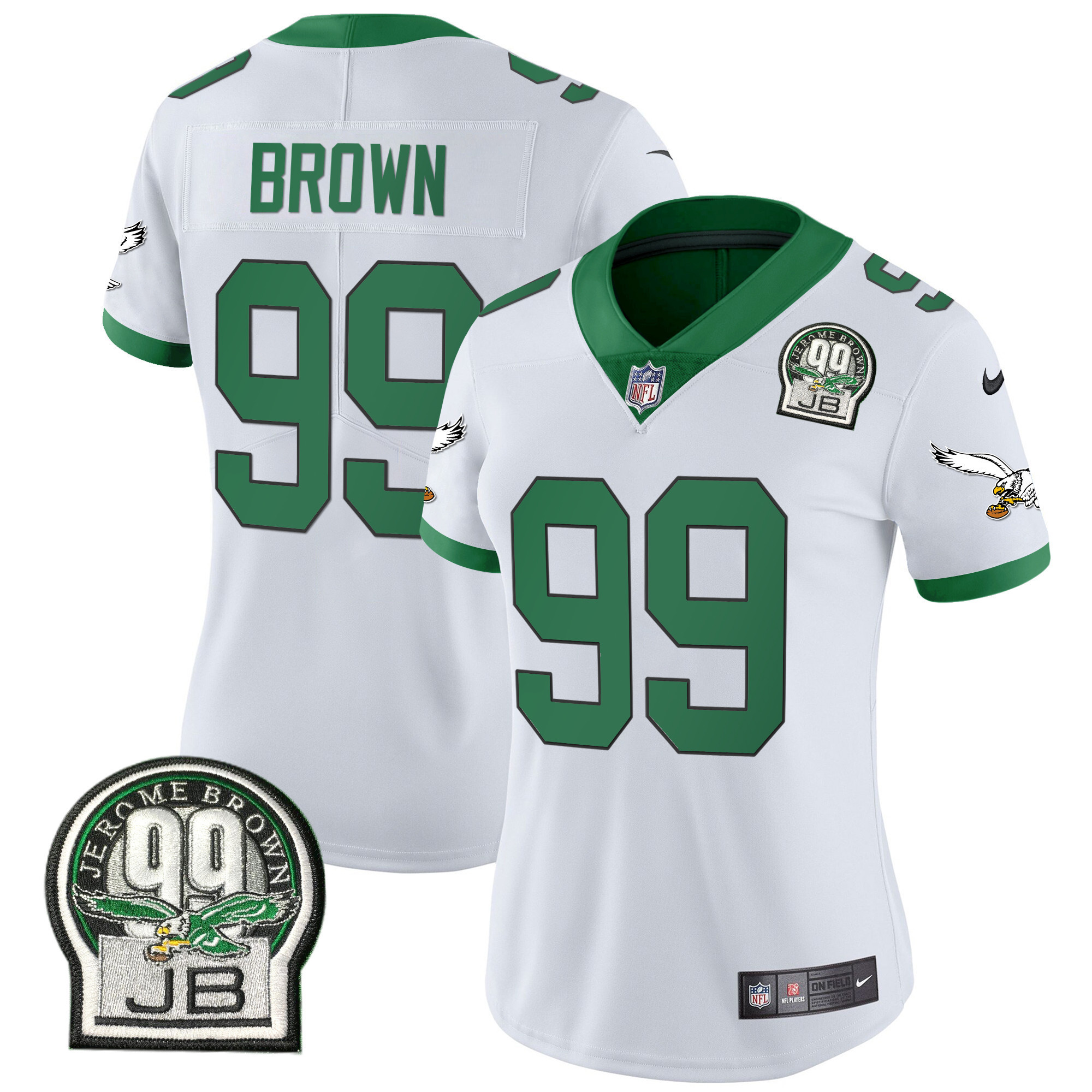 Women's Philadelphia Eagles Jerome Brown Retired Patch Gold & Kelly Kelly White Jersey - All Stitched