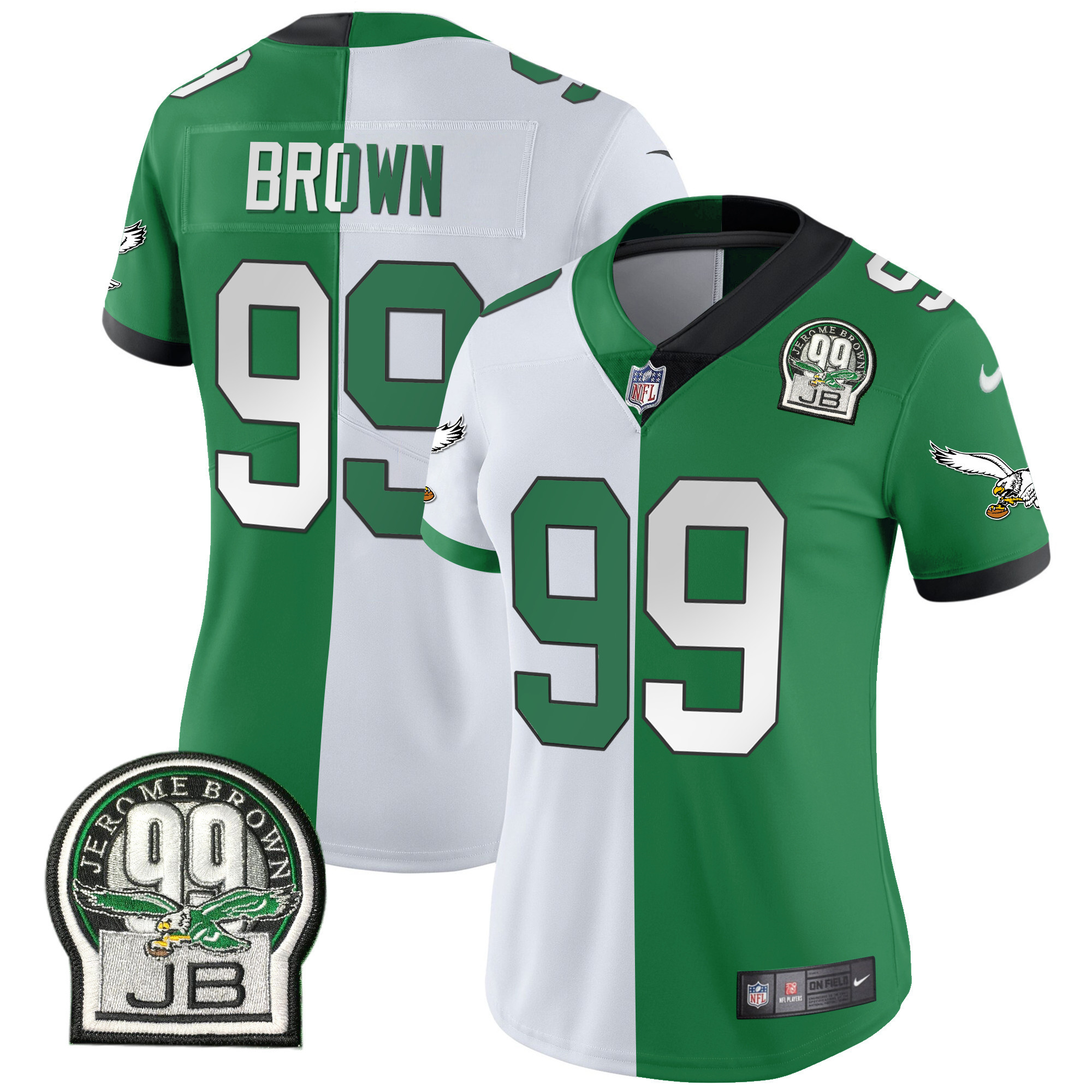 Women's Philadelphia Eagles Jerome Brown Retired Patch Gold & Kelly Split Jersey - All Stitched