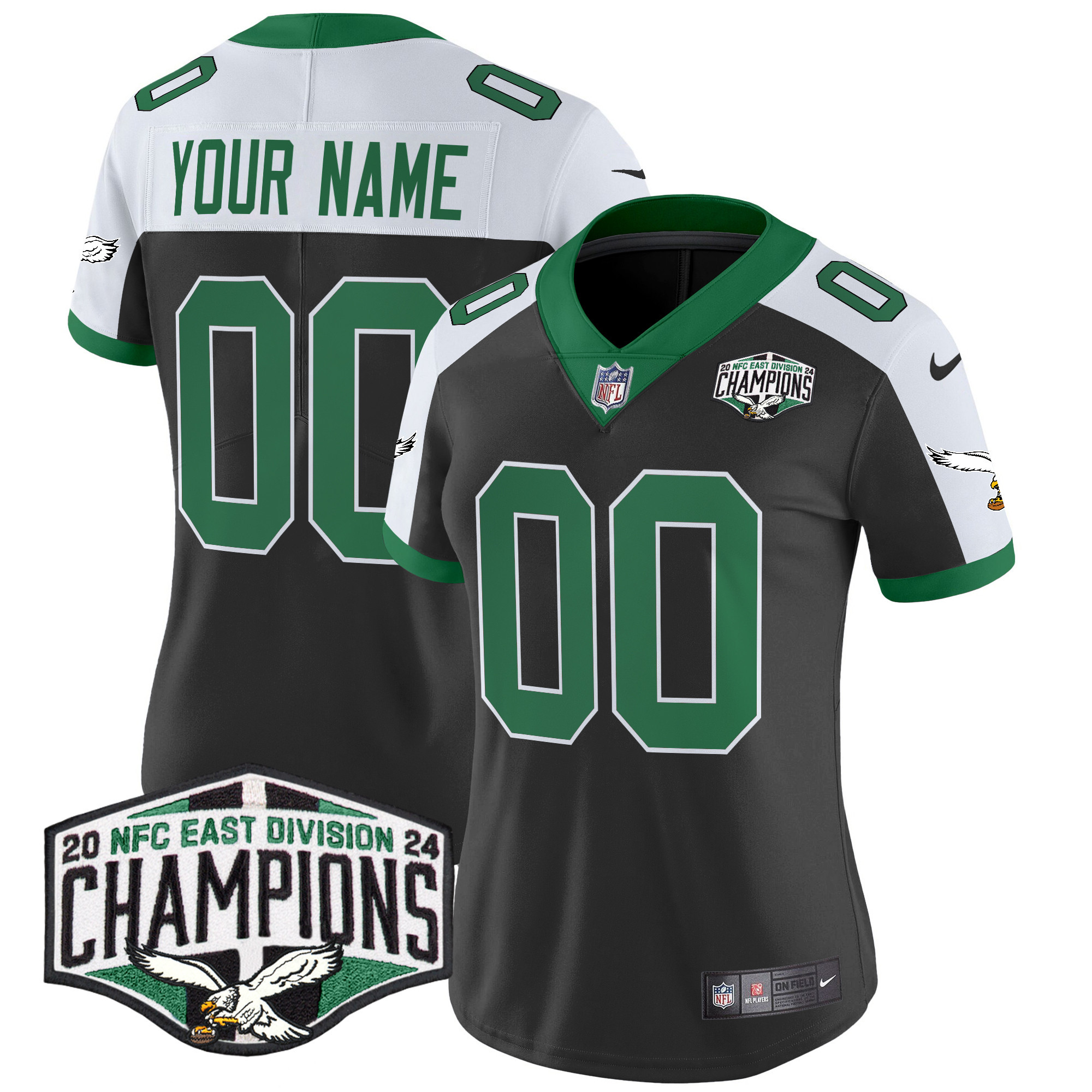 Women's Philadelphia Eagles Kelly Green 2024 NFC East Division Champions Vapor Limited Custom Black Alternate Jersey - All Stitched