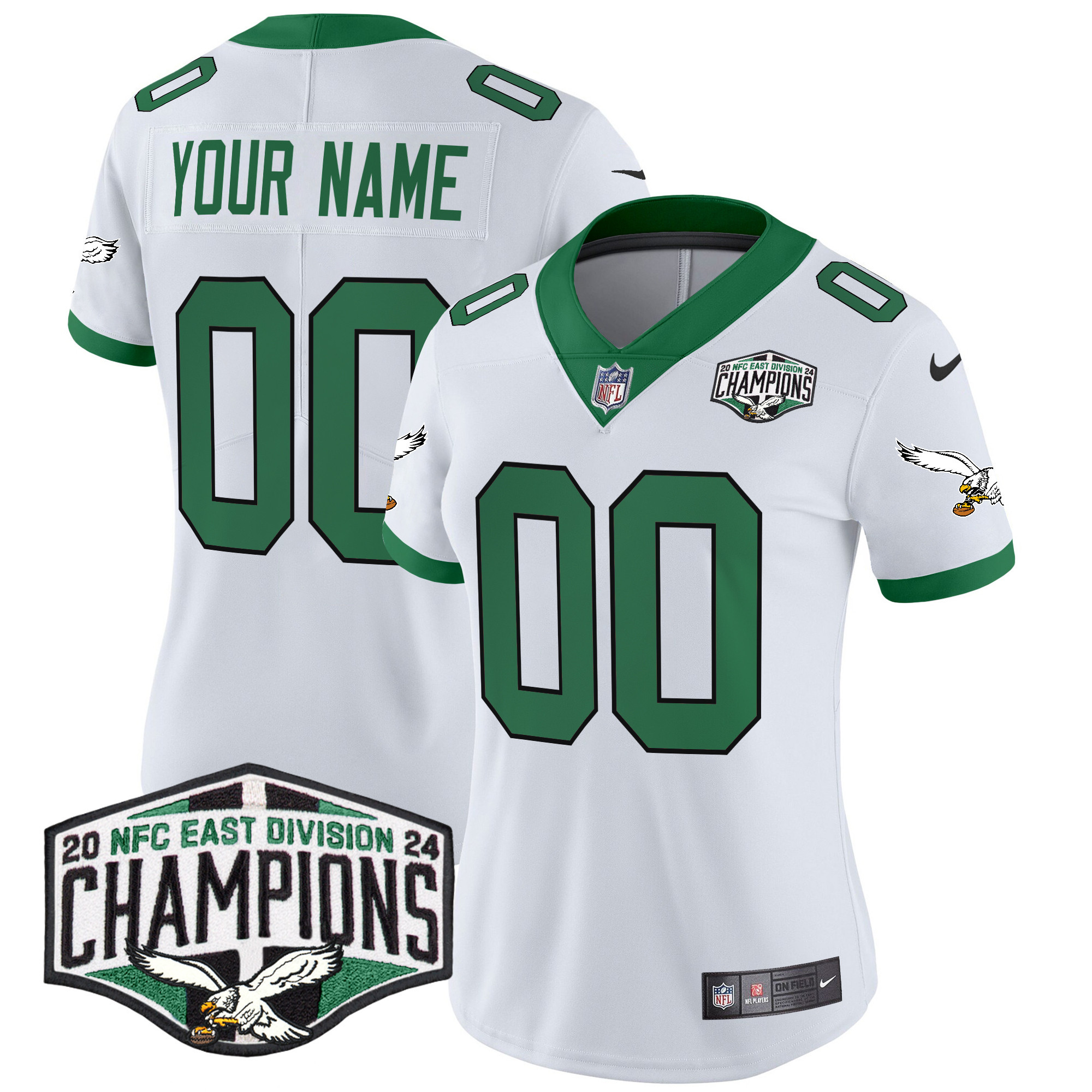 Women's Philadelphia Eagles Kelly Green 2024 NFC East Division Champions Vapor Limited Custom Kelly White Jersey - All Stitched
